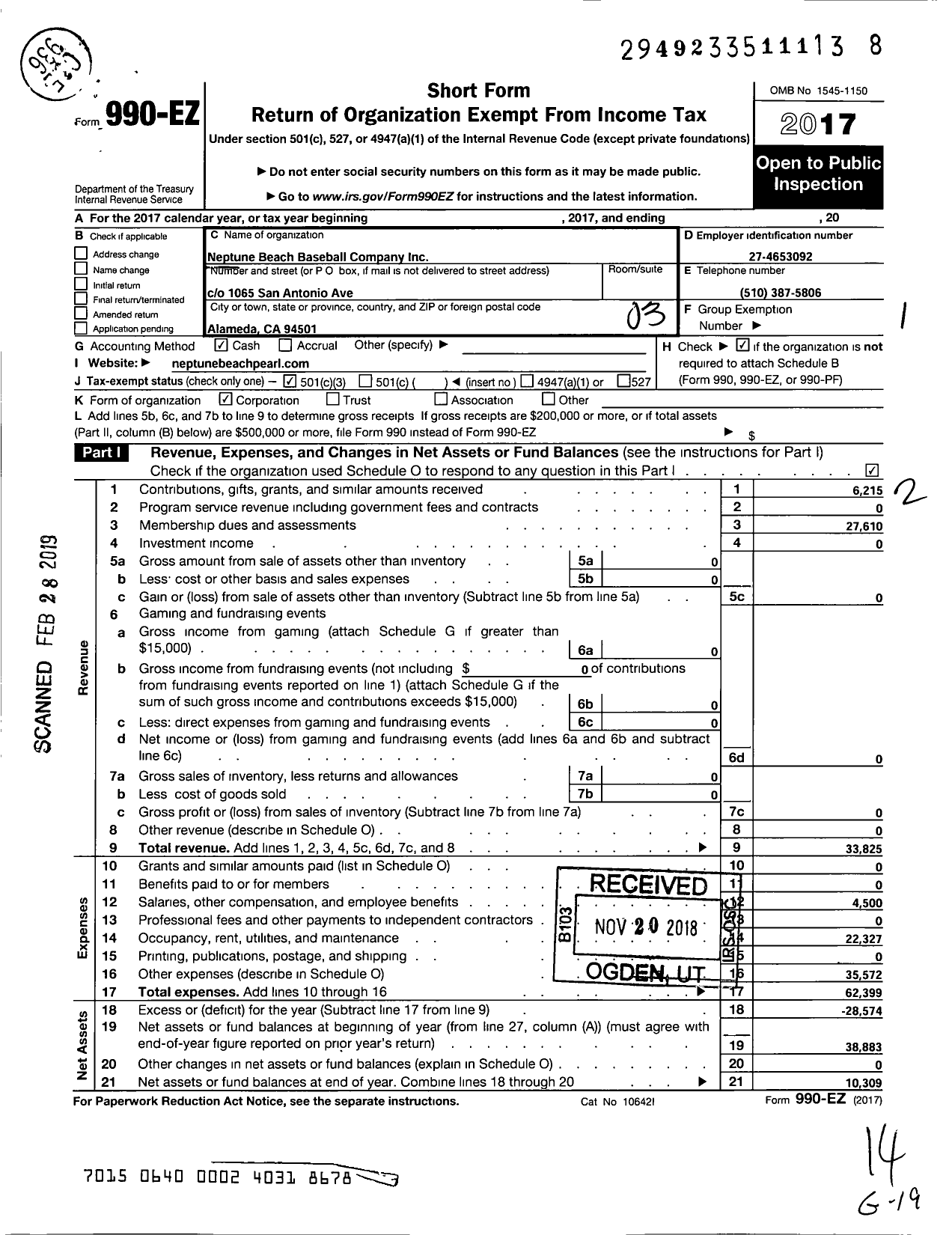 Image of first page of 2017 Form 990EZ for Neptune Beach Baseball Company