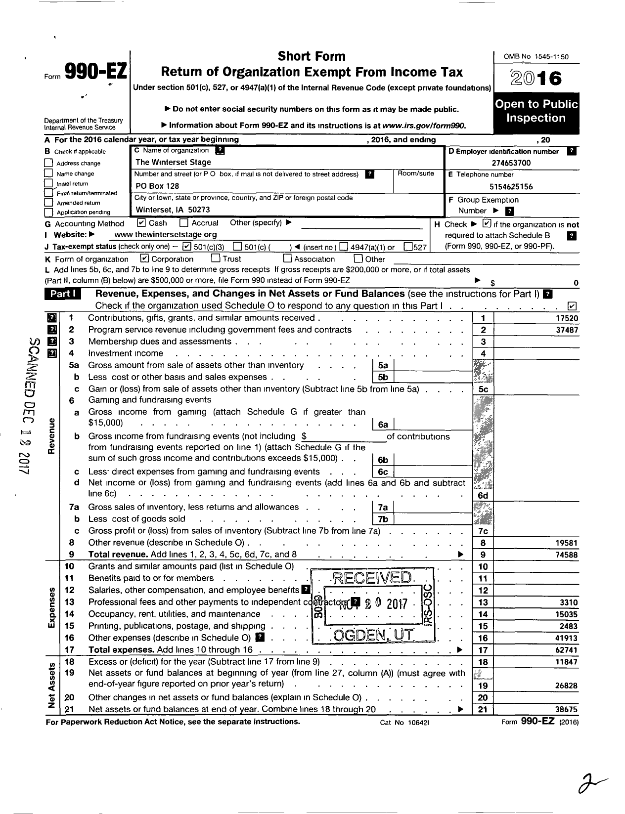 Image of first page of 2016 Form 990EZ for Winterset Stage