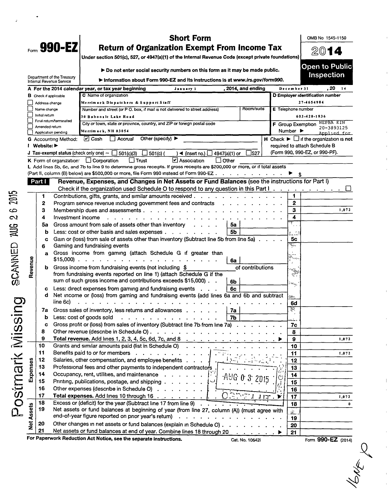 Image of first page of 2014 Form 990EO for New England Police Benevolent Association - Merrimack Police Dispatchers 112