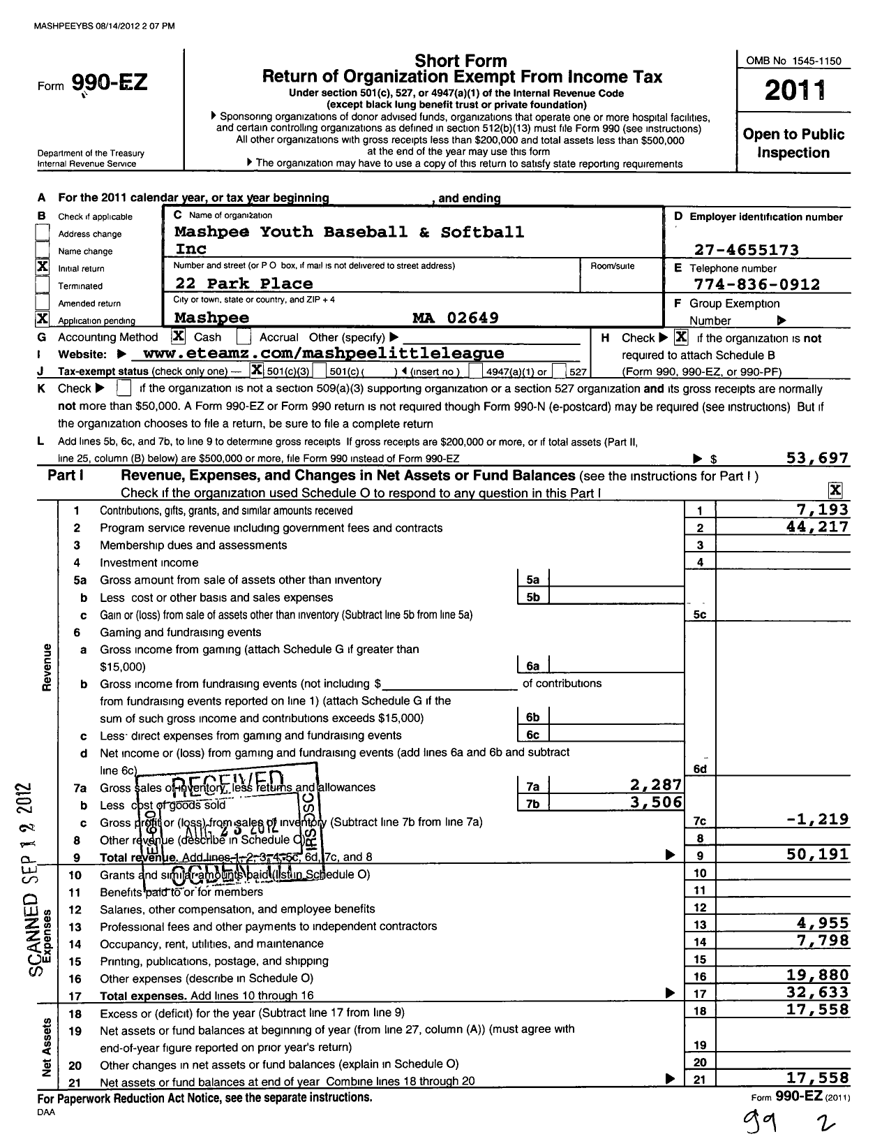 Image of first page of 2011 Form 990EZ for Mashpee Youth Baseball and Softball