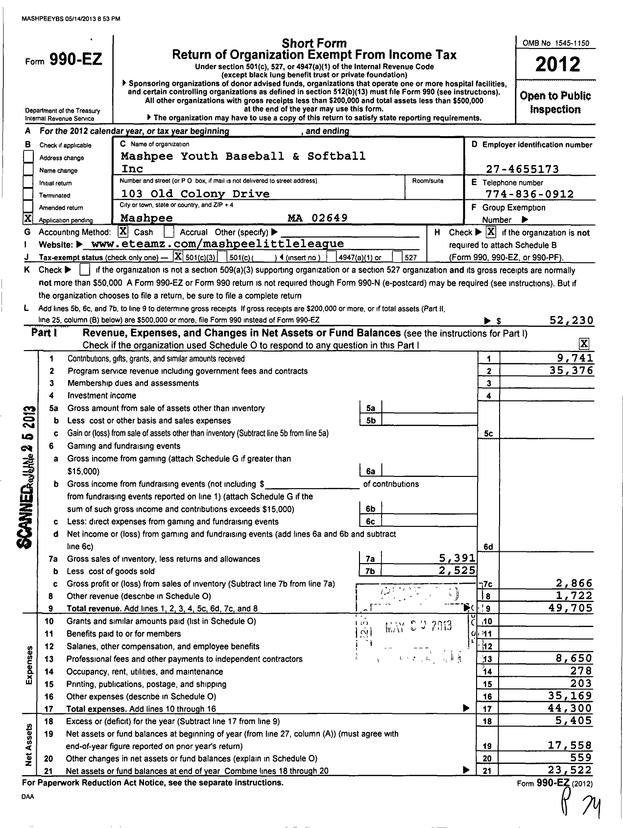 Image of first page of 2012 Form 990EZ for Mashpee Youth Baseball and Softball