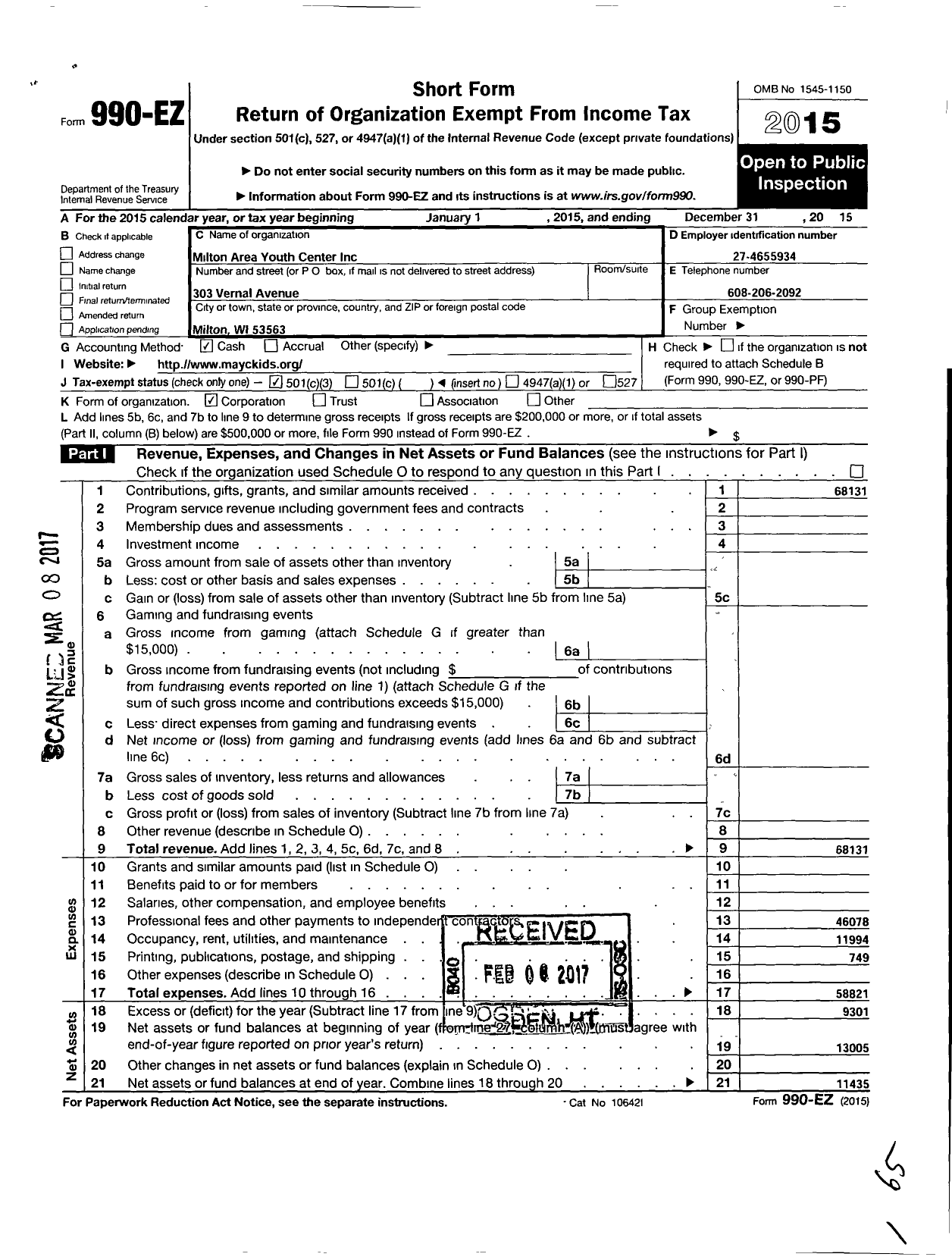 Image of first page of 2015 Form 990EZ for Milton Area Youth Center