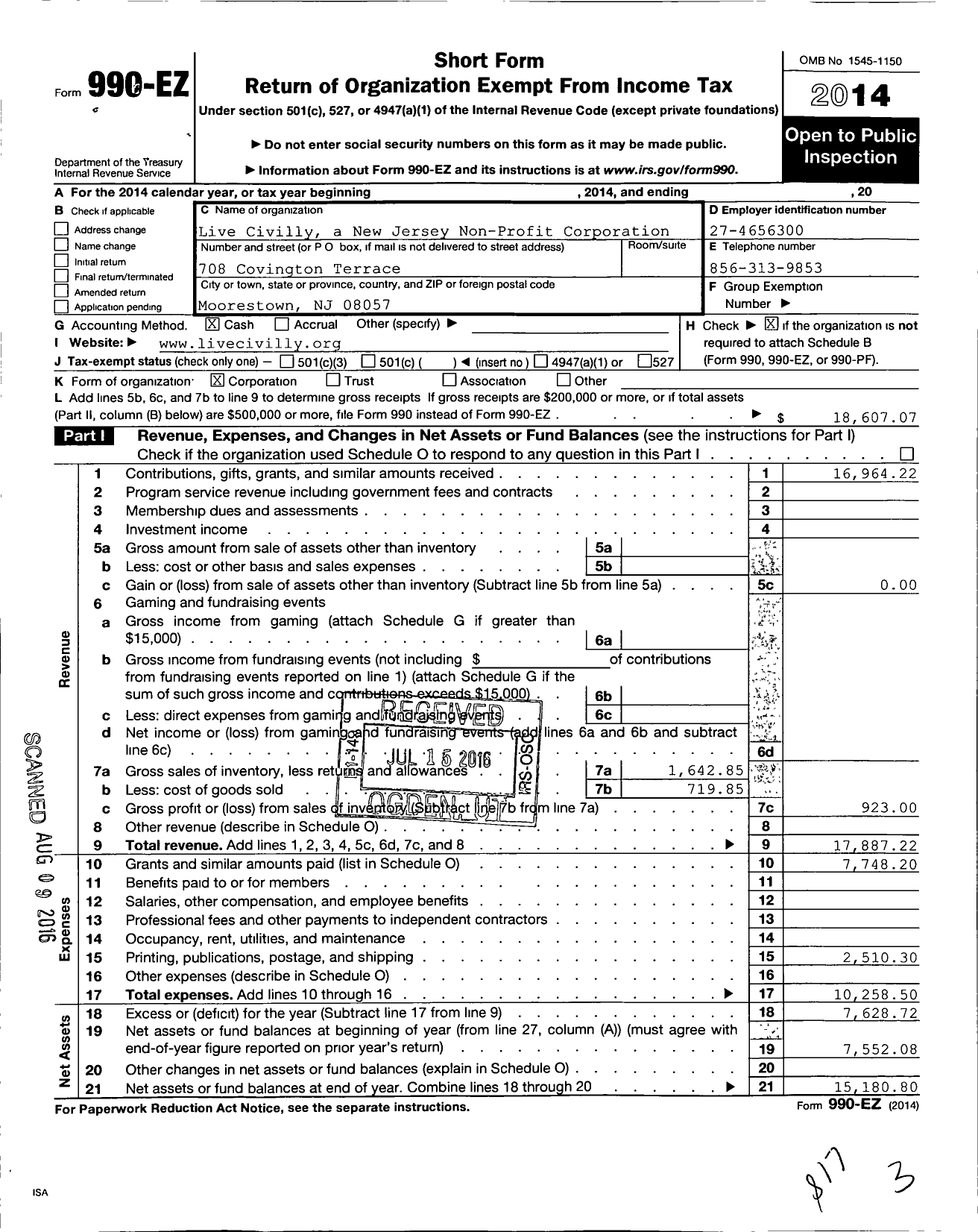 Image of first page of 2014 Form 990EO for Live Civilly