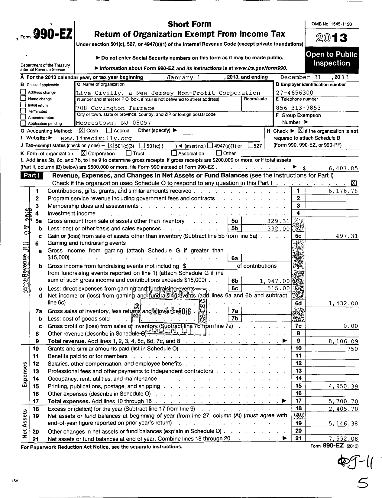 Image of first page of 2013 Form 990EZ for Live Civilly