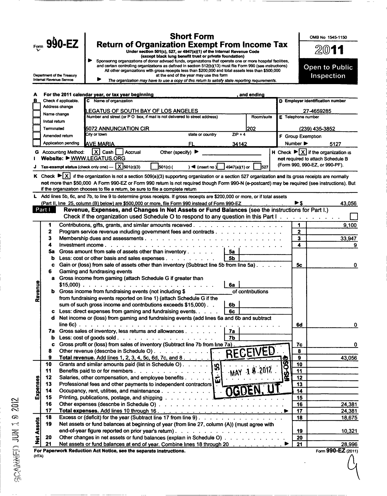 Image of first page of 2011 Form 990EZ for Legatus