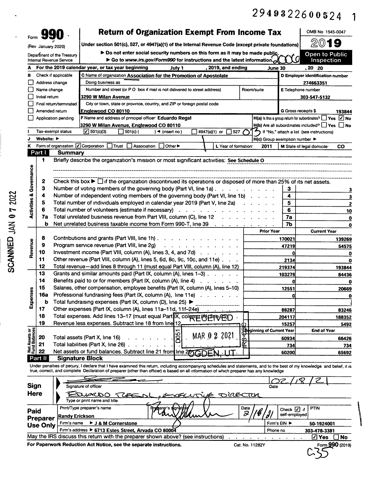 Image of first page of 2019 Form 990 for Association for the Promotion of Apostolate