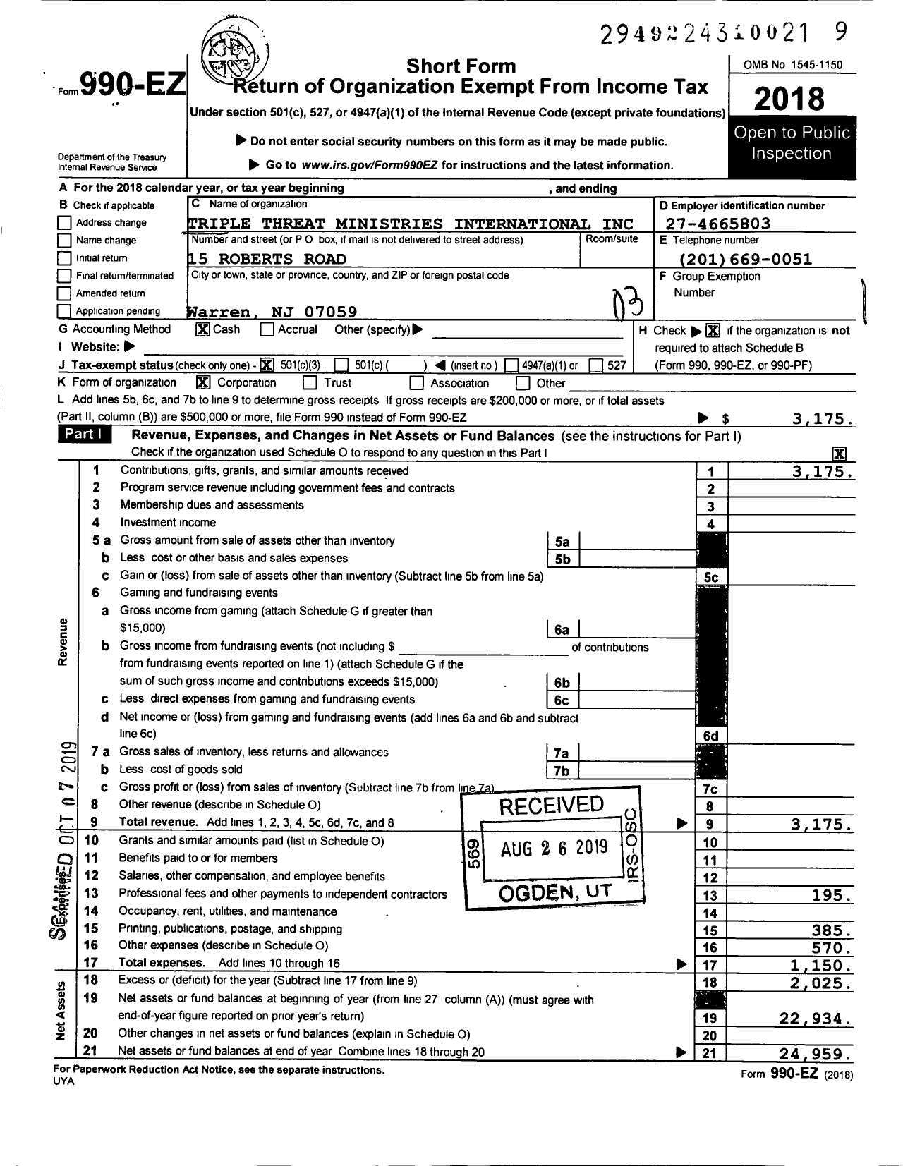 Image of first page of 2018 Form 990EZ for Triple Threat Ministries International