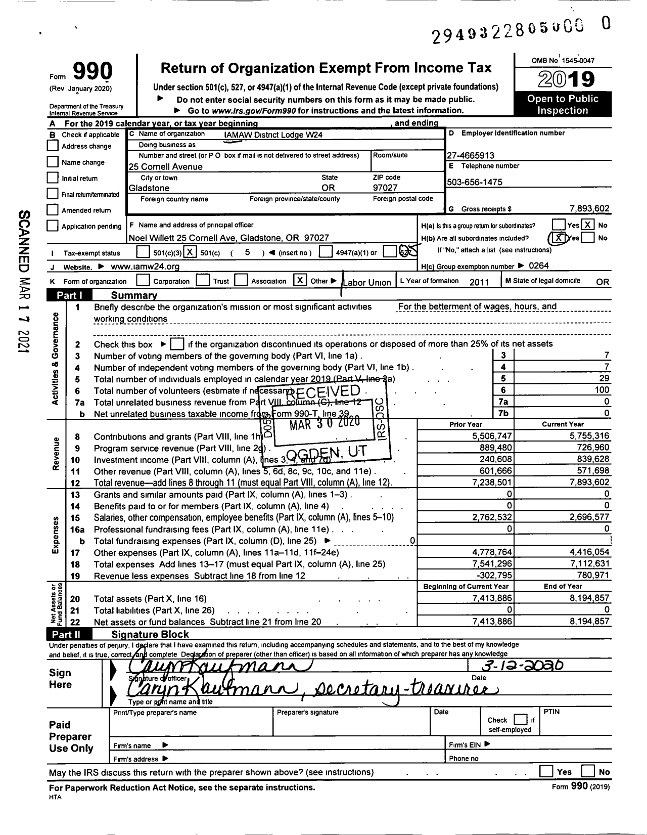 Image of first page of 2019 Form 990O for International Association of Machinist and Aerospace Workers