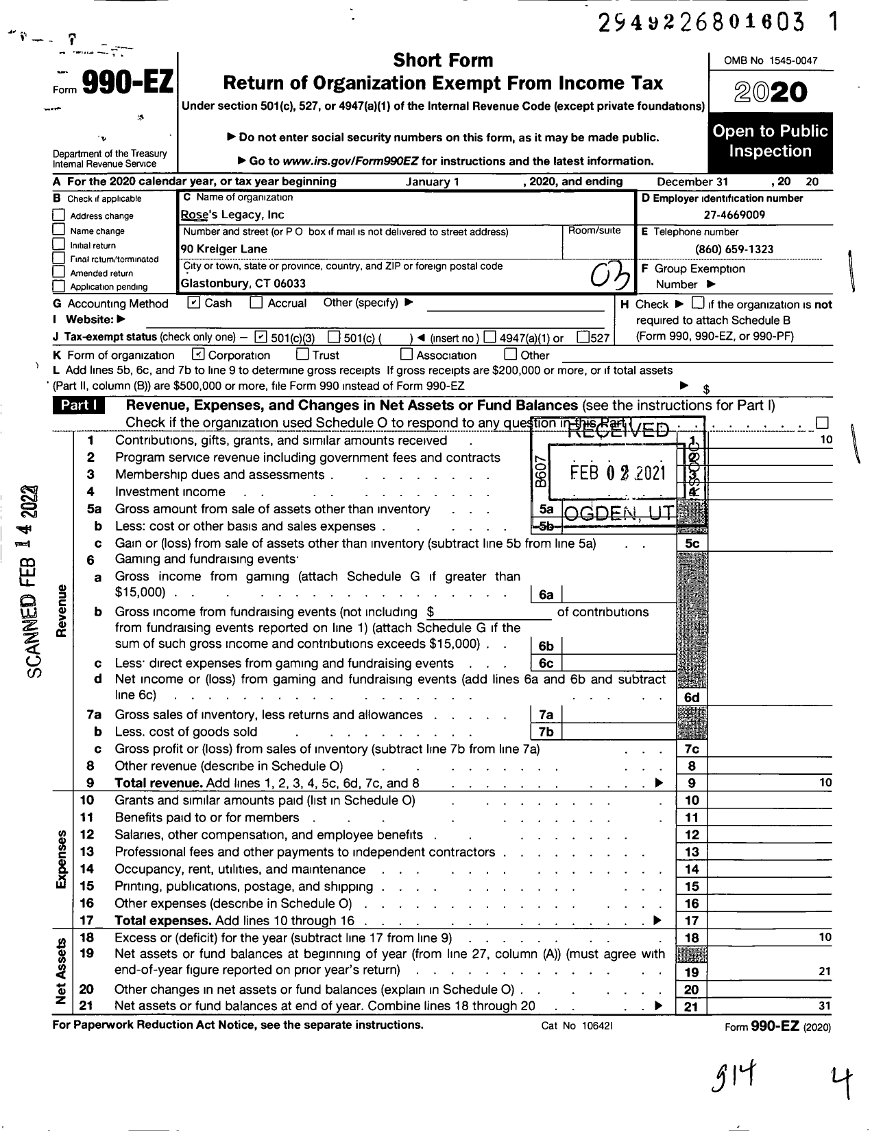 Image of first page of 2020 Form 990EZ for Roses Legacy