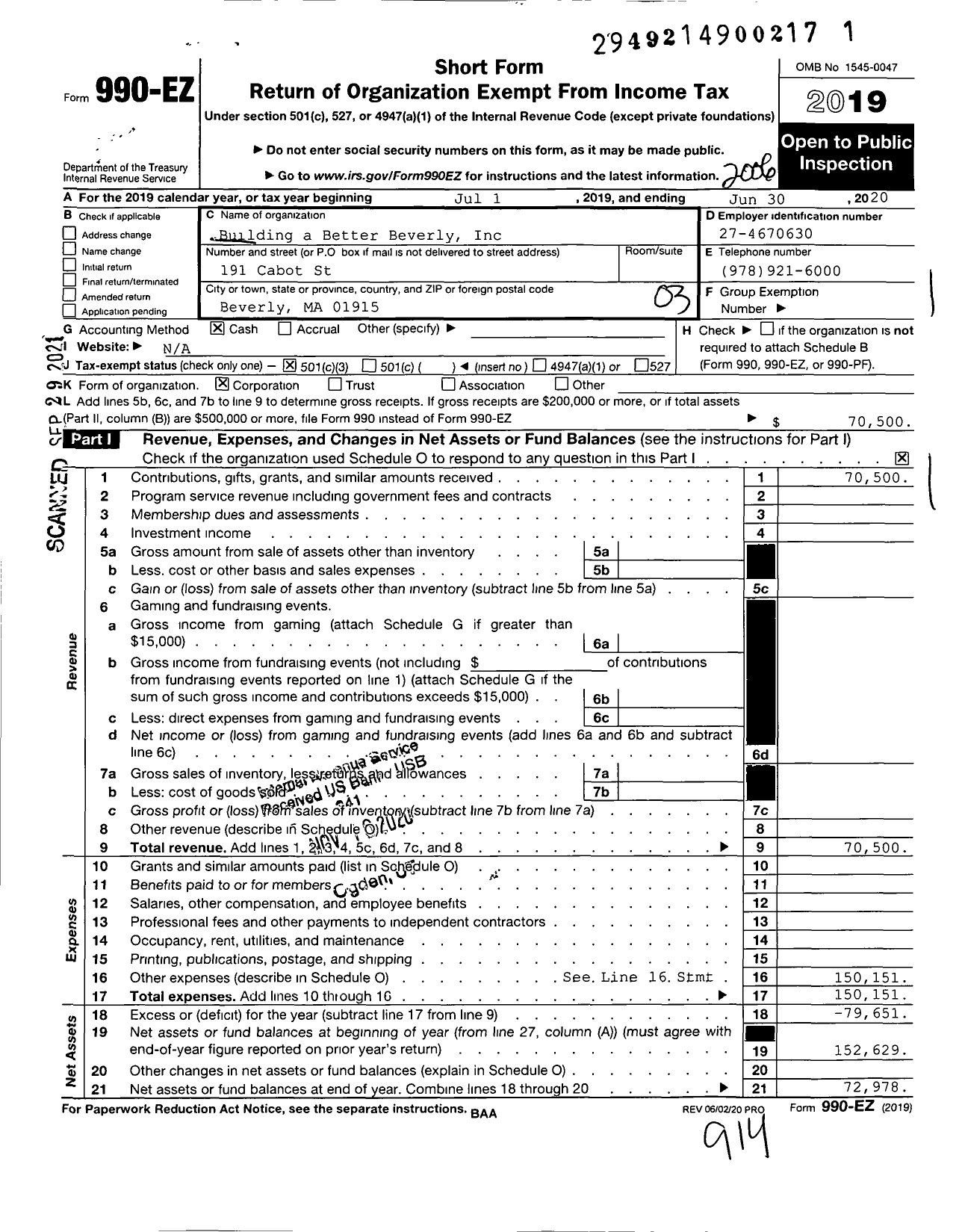 Image of first page of 2019 Form 990EZ for Building a Better Beverly