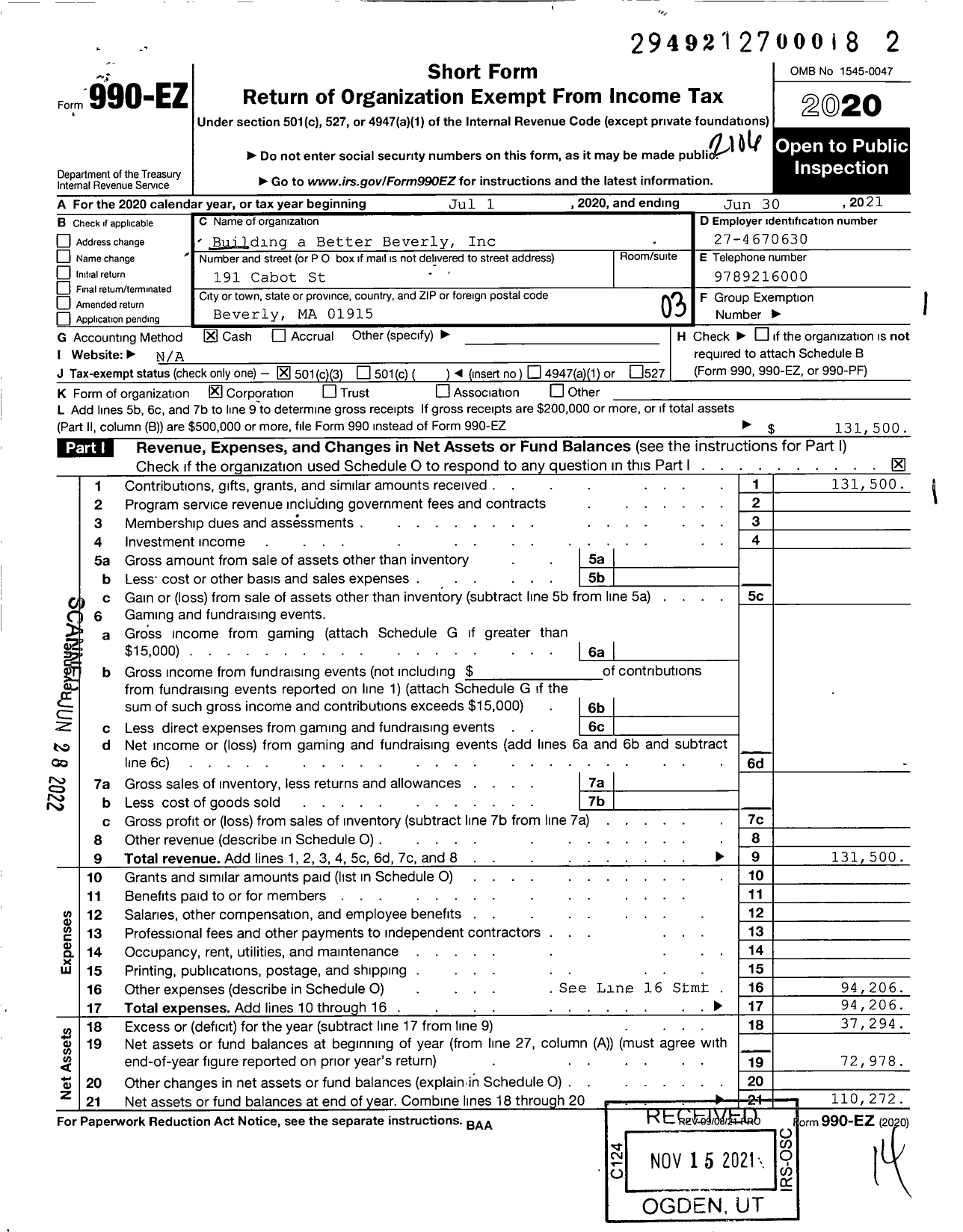 Image of first page of 2020 Form 990EZ for Building a Better Beverly