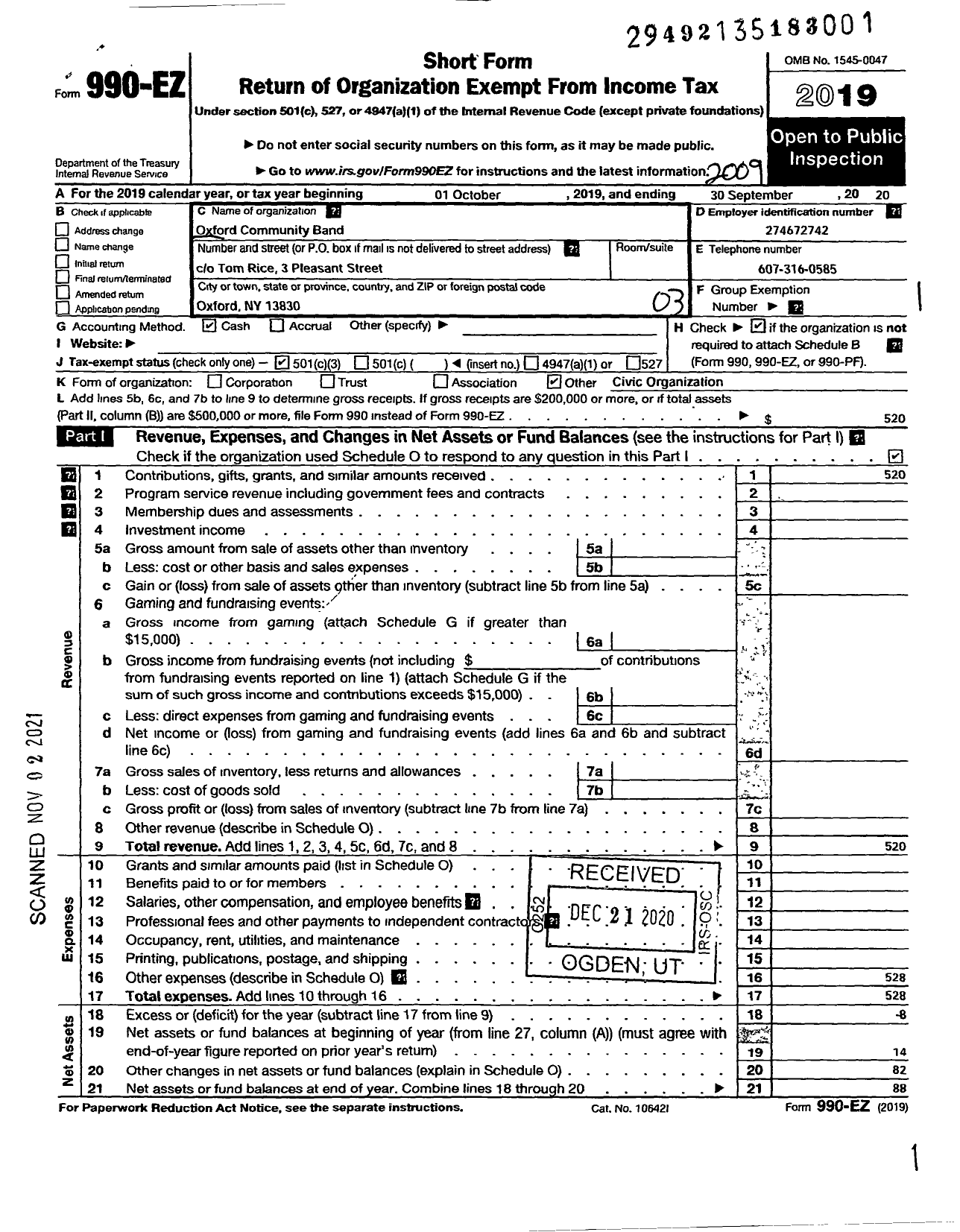 Image of first page of 2019 Form 990EZ for Oxford Community Band