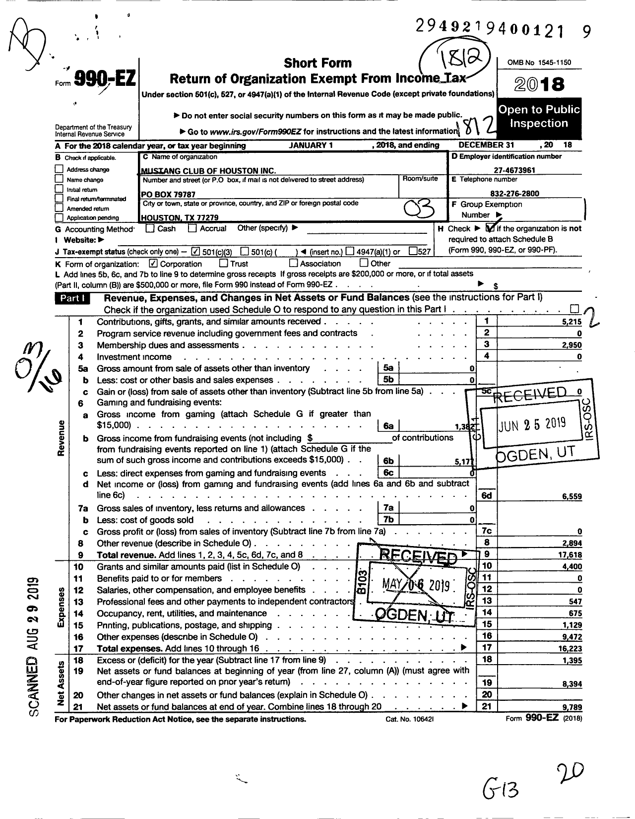 Image of first page of 2018 Form 990EZ for Mustang Club of Houston