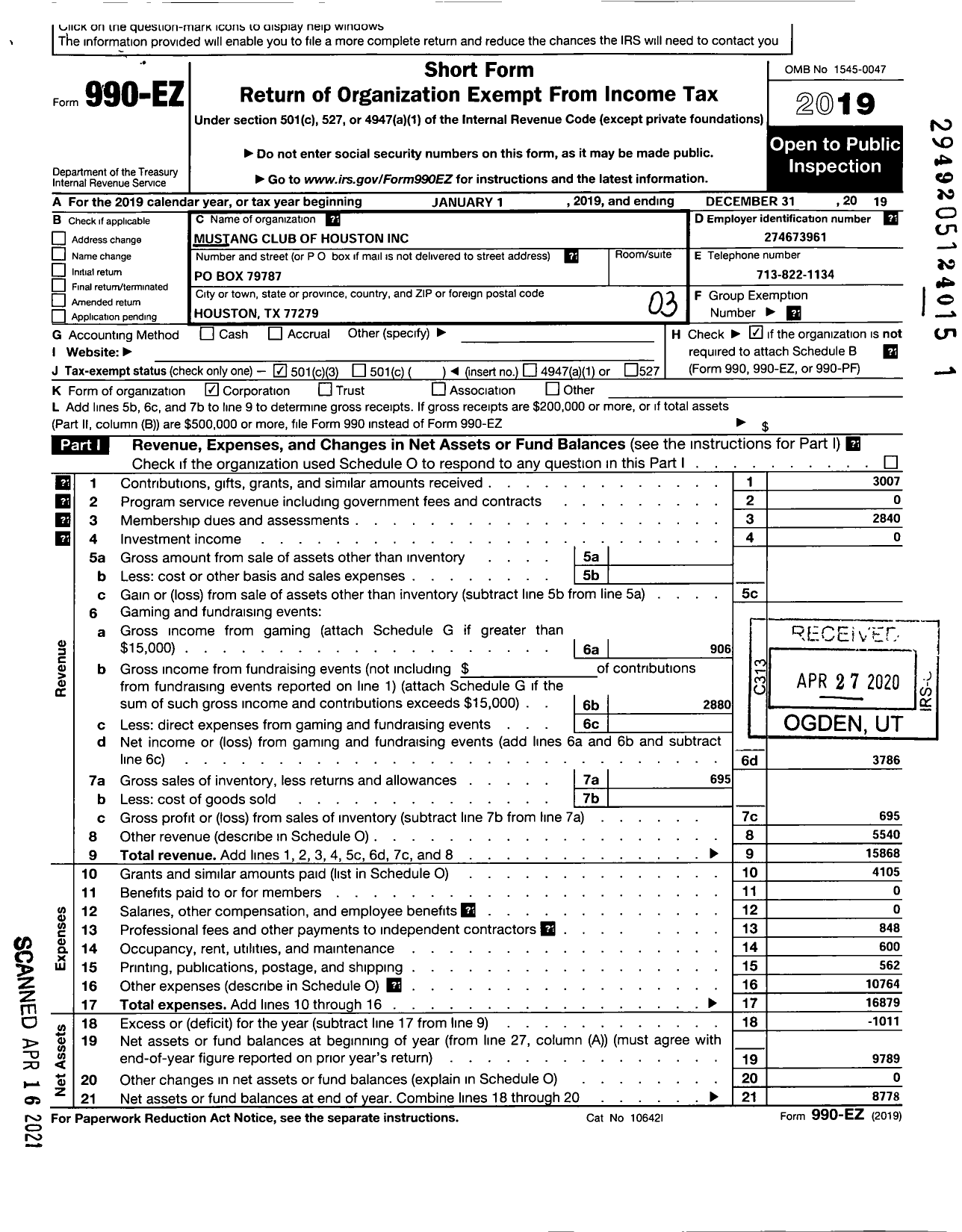 Image of first page of 2019 Form 990EZ for Mustang Club of Houston