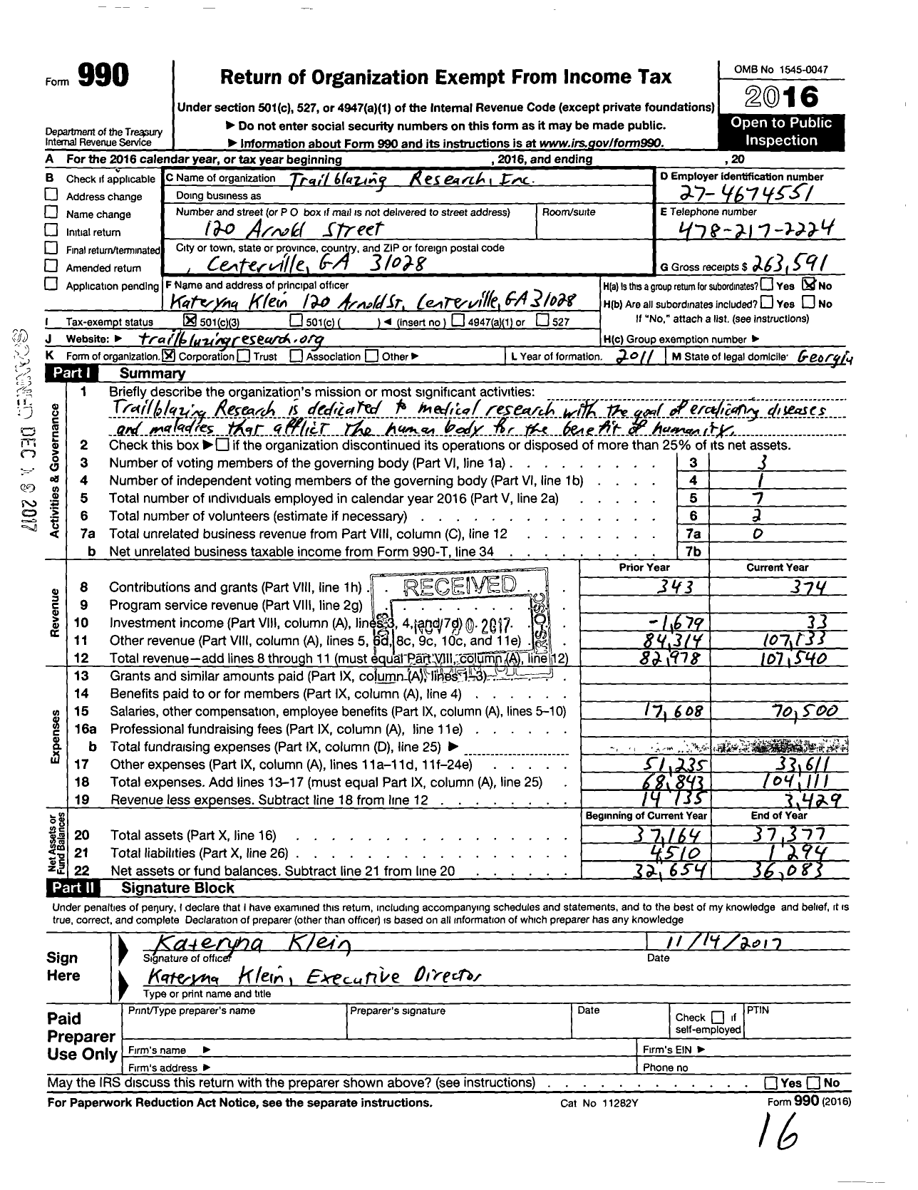 Image of first page of 2016 Form 990 for Trailblazing Research