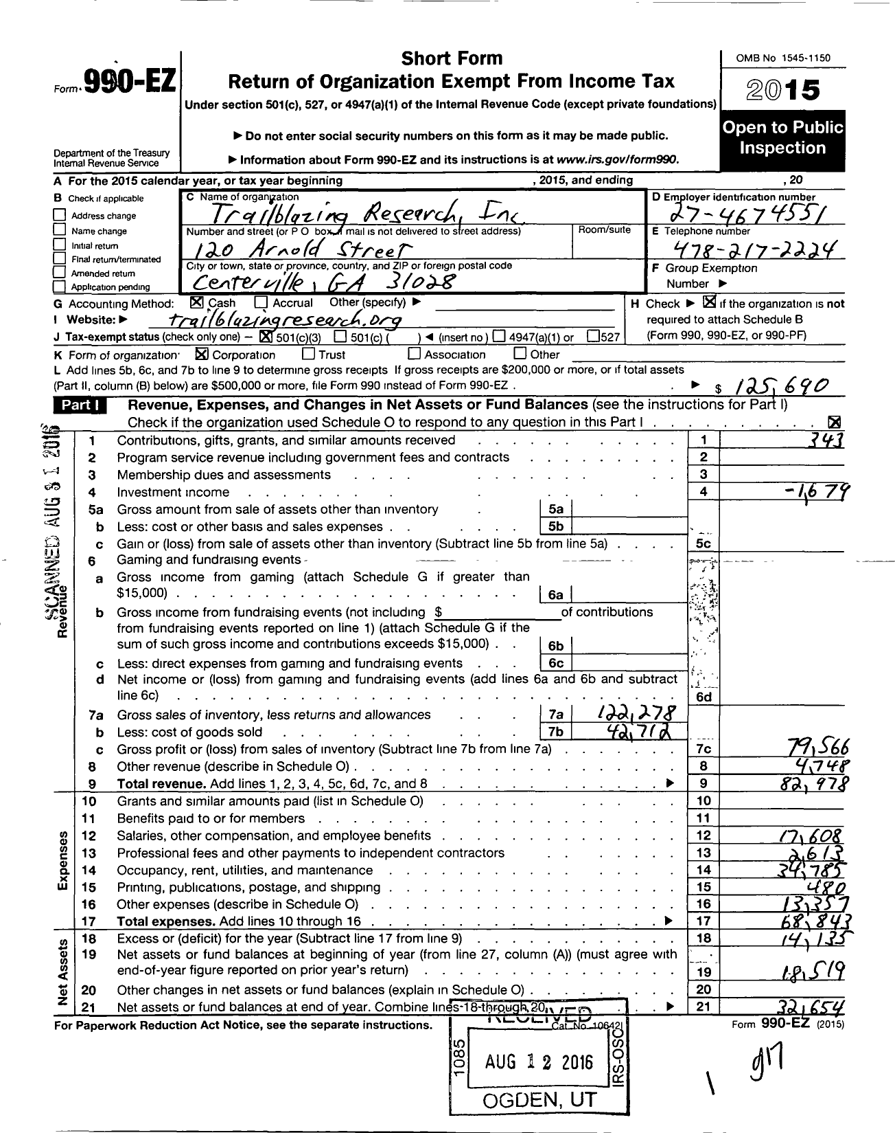 Image of first page of 2015 Form 990EZ for Trailblazing Research