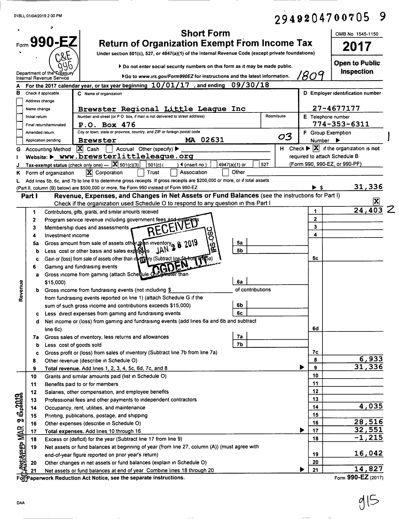 Image of first page of 2017 Form 990EZ for Coastal Cape Youth Baseball