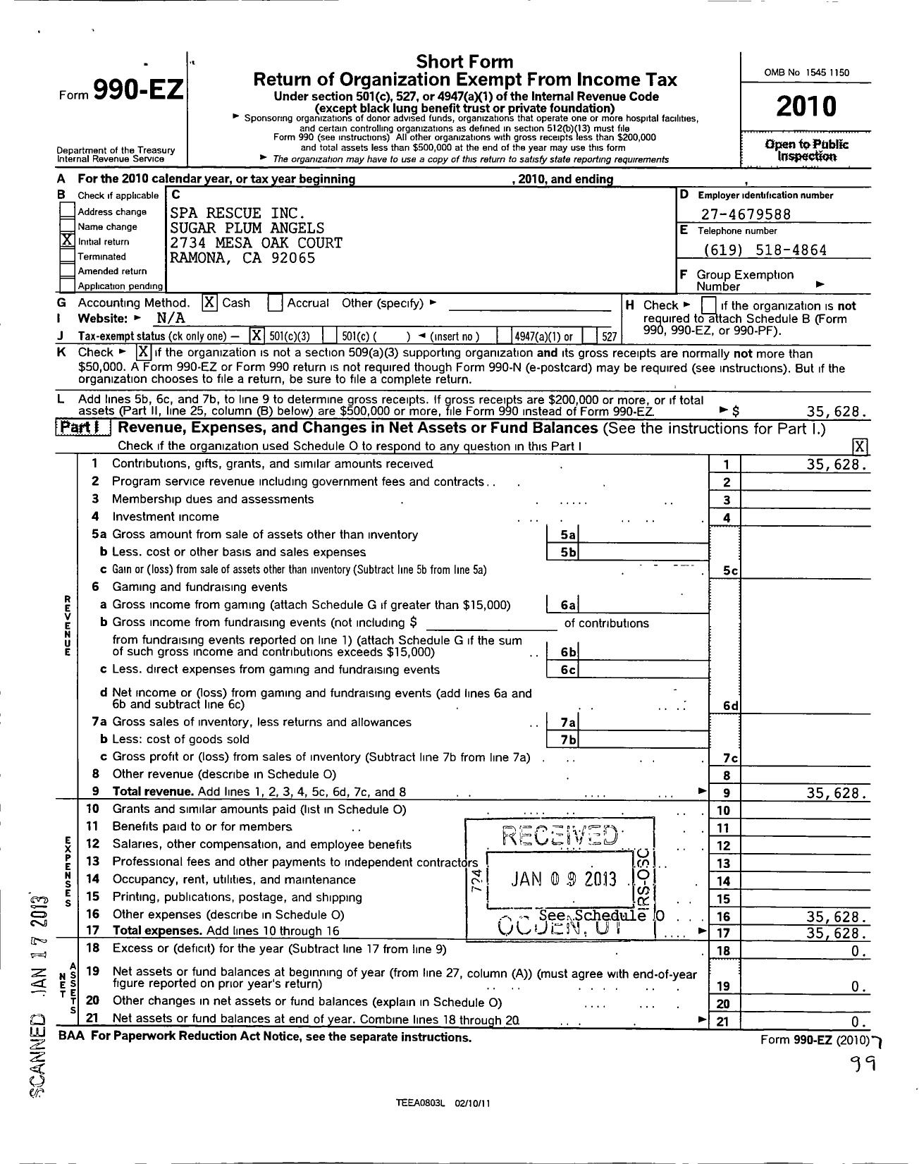 Image of first page of 2010 Form 990EZ for Spa Rescue