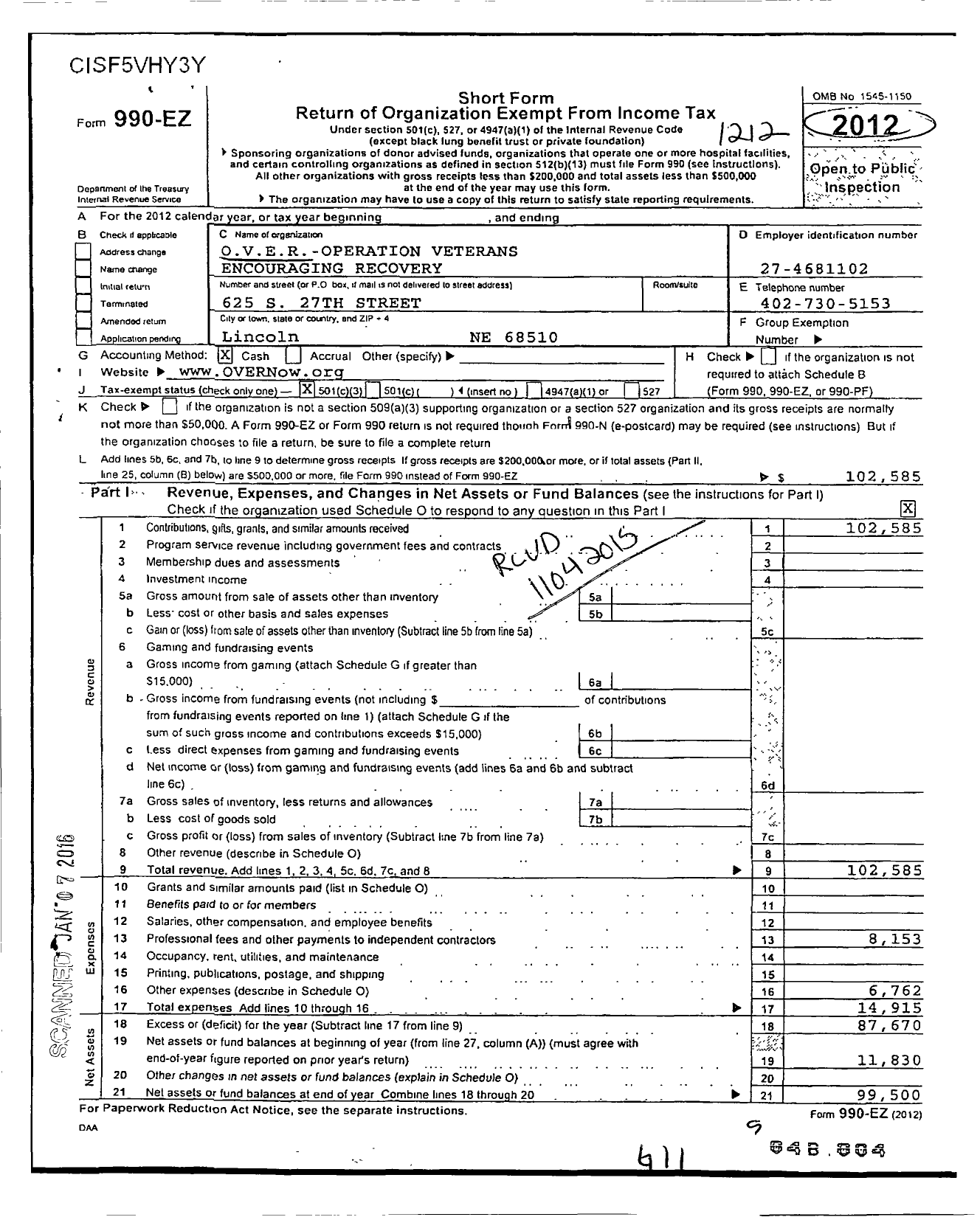 Image of first page of 2012 Form 990EZ for Over-Operation Veterans Encouraging Recovery