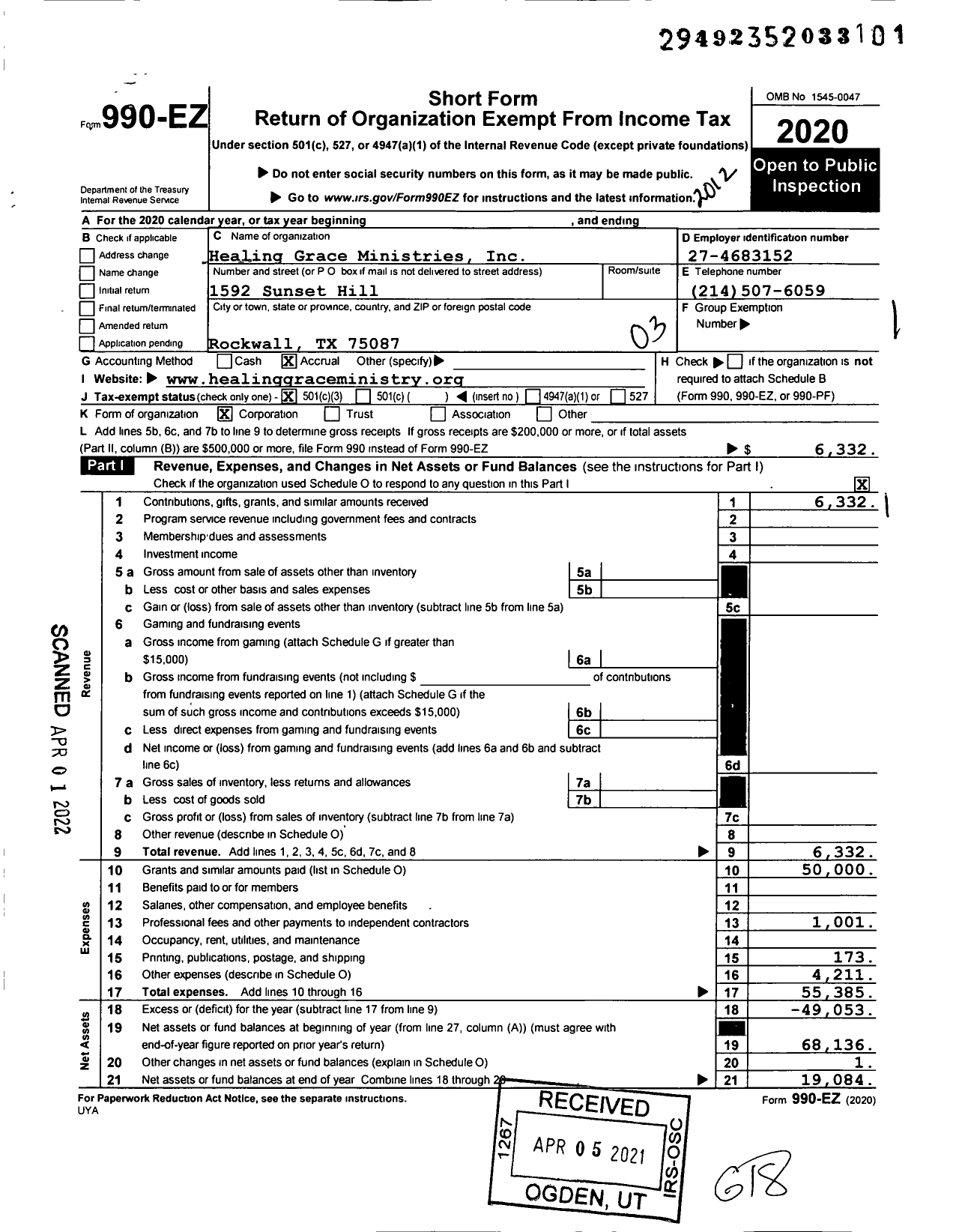 Image of first page of 2020 Form 990EZ for Healing Grace Ministries