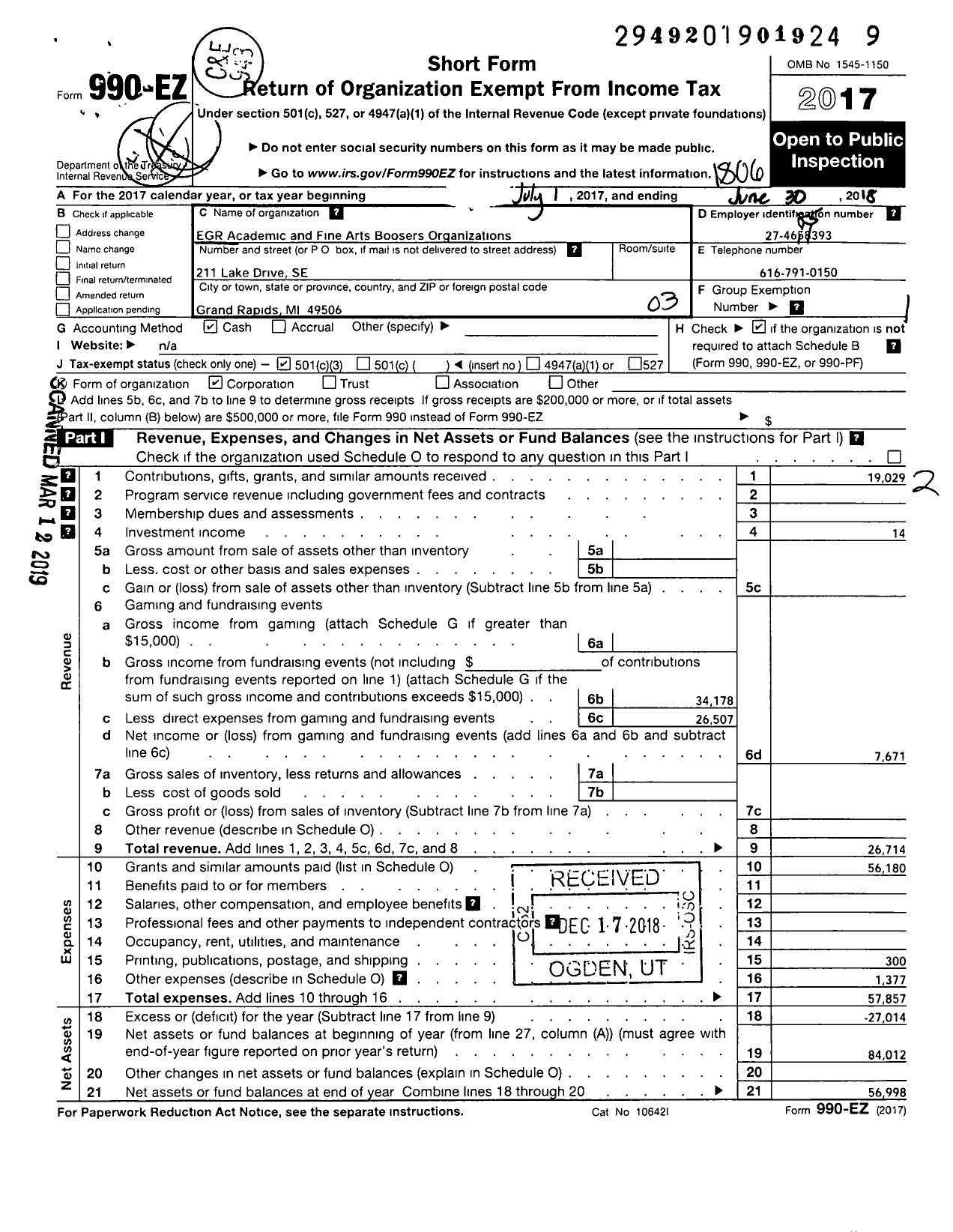 Image of first page of 2017 Form 990EZ for Egr Academic and Fine Arts Boosters Organizations