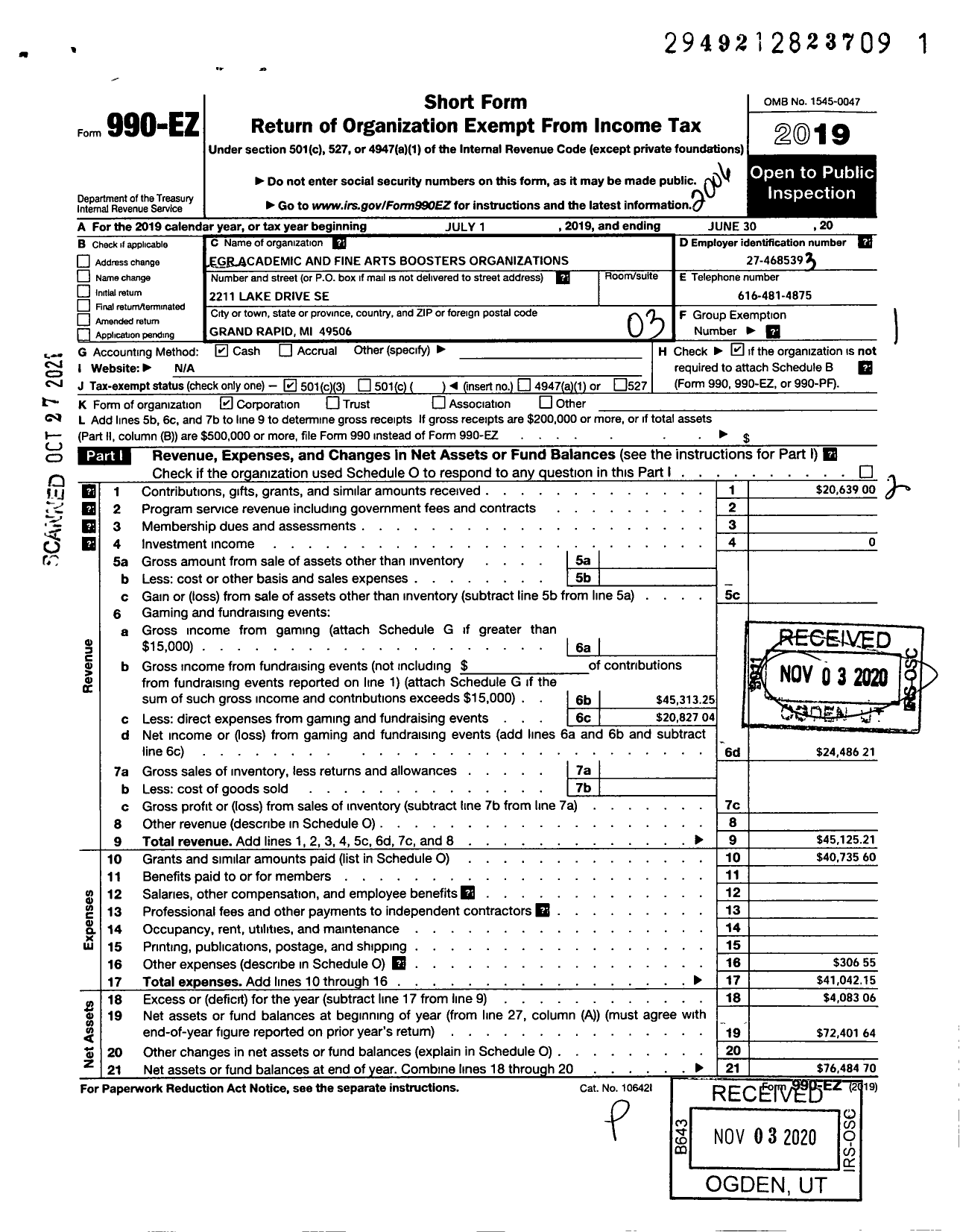 Image of first page of 2019 Form 990EZ for Egr Academic and Fine Arts Boosters Organizations