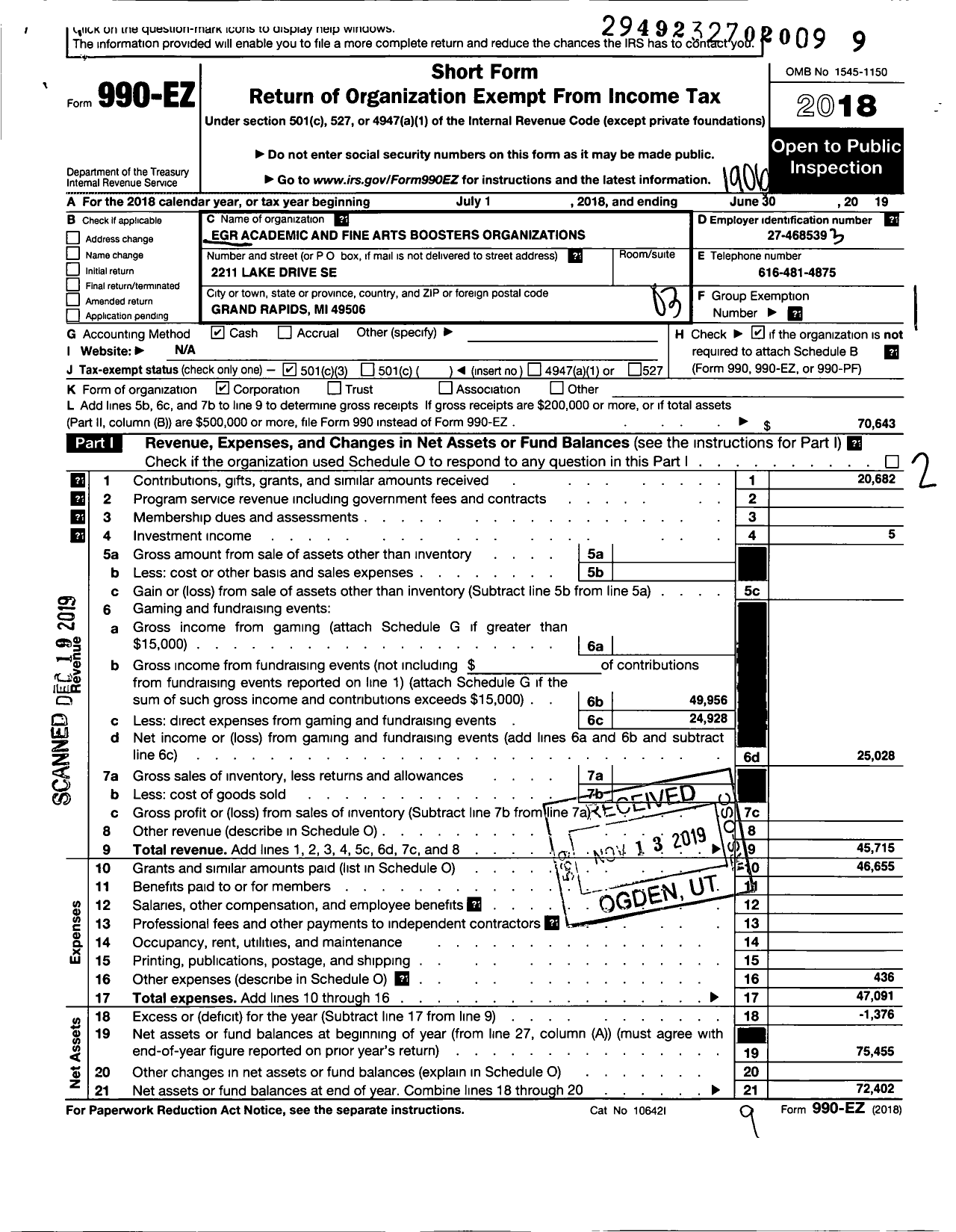 Image of first page of 2018 Form 990EZ for Egr Academic and Fine Arts Boosters Organizations