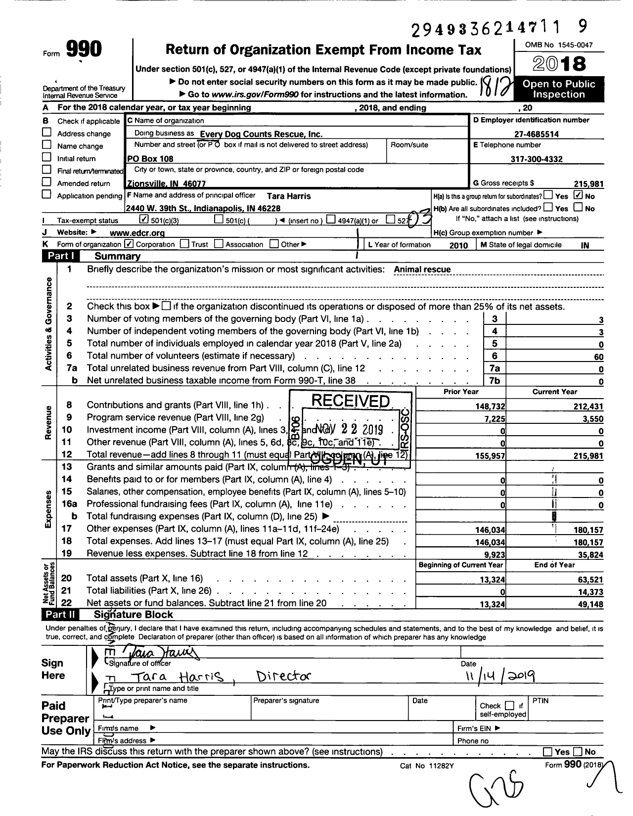 Image of first page of 2018 Form 990 for Every Dog Counts Rescue