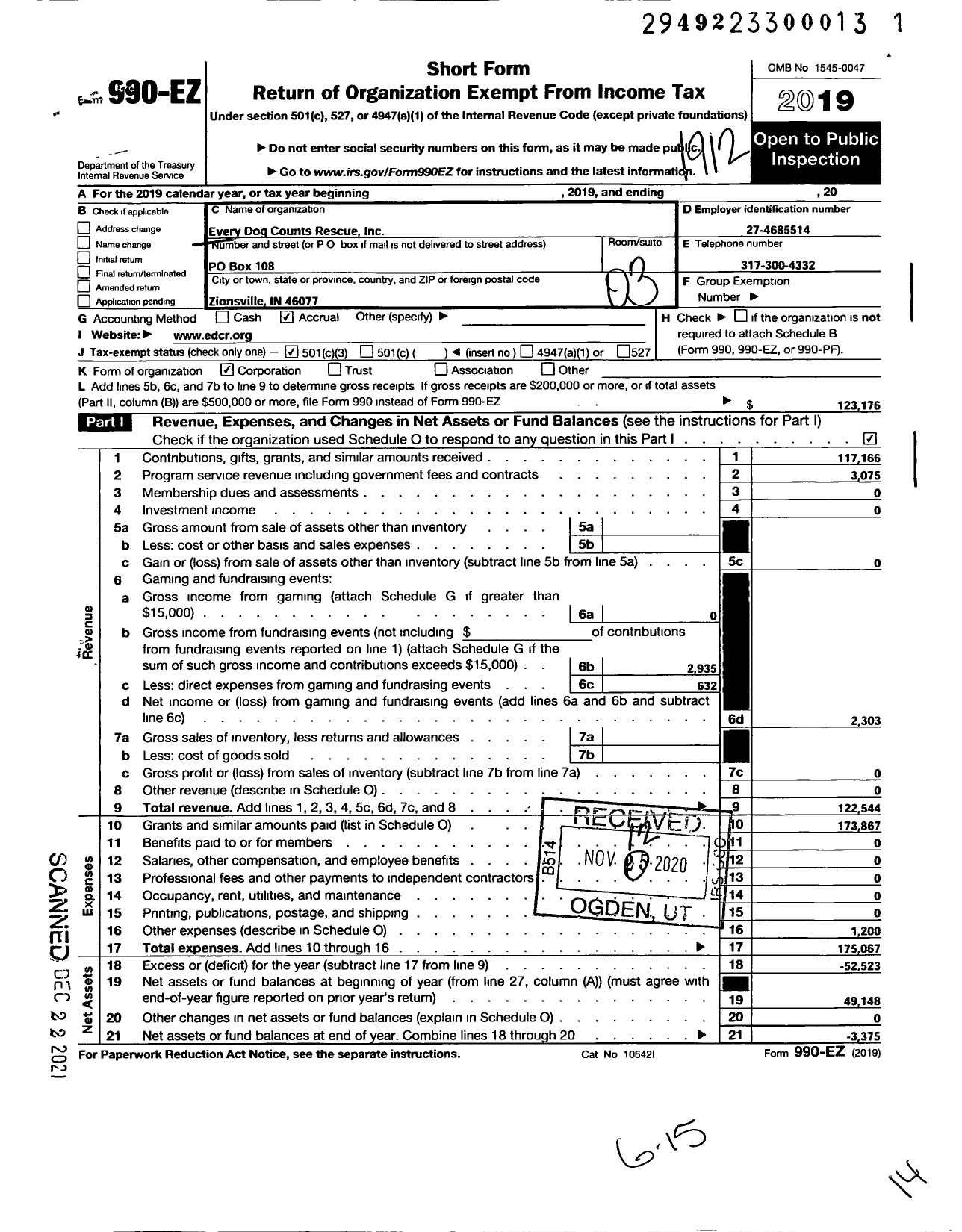 Image of first page of 2019 Form 990EZ for Every Dog Counts Rescue