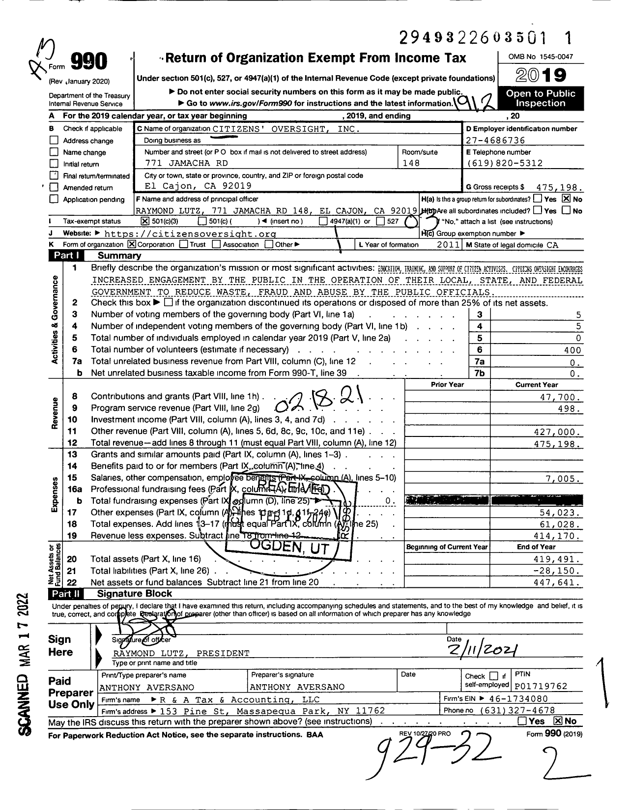 Image of first page of 2019 Form 990 for Citizens Oversight