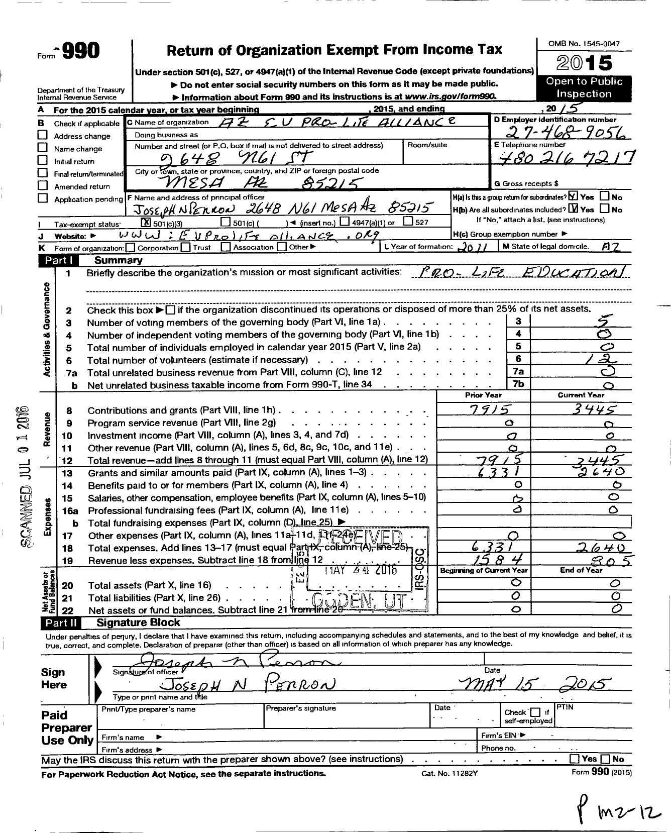Image of first page of 2015 Form 990 for Az East Valley Pro-Life Alliance