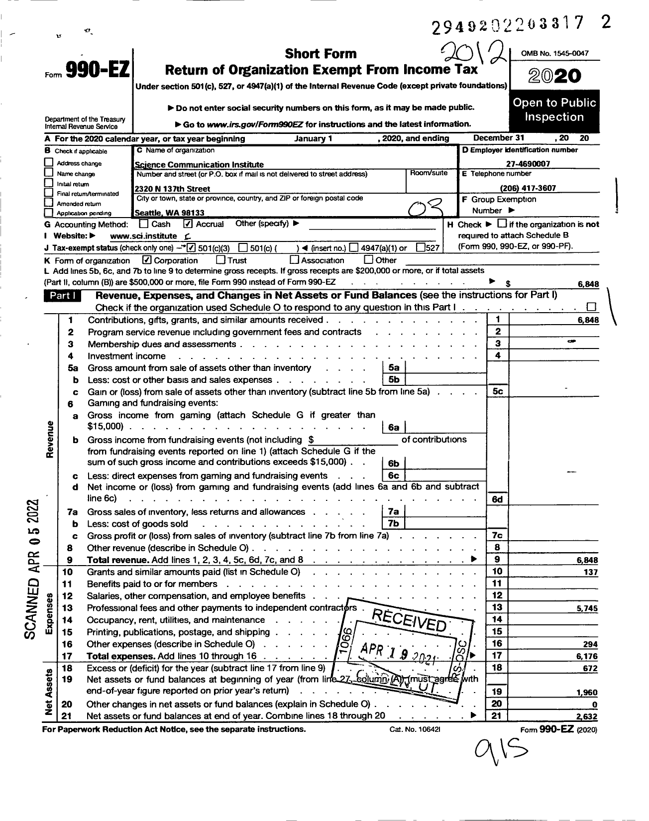 Image of first page of 2020 Form 990EZ for Science Communication Institute