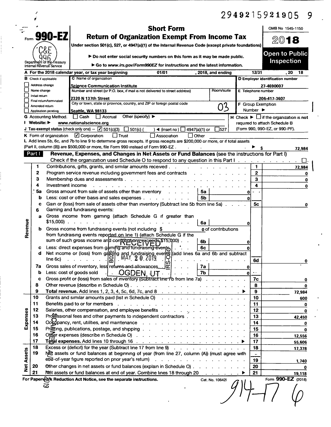 Image of first page of 2018 Form 990EZ for Science Communication Institute