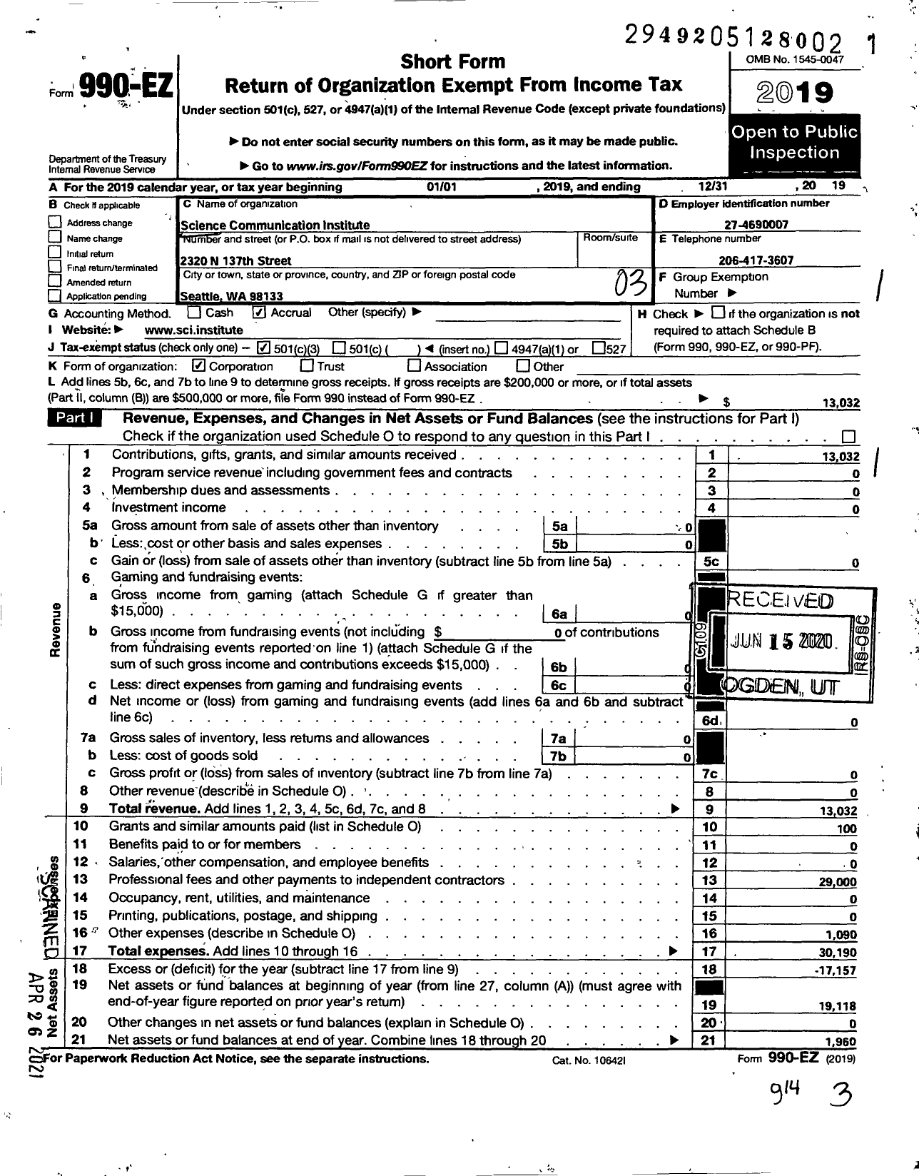 Image of first page of 2019 Form 990EZ for Science Communication Institute