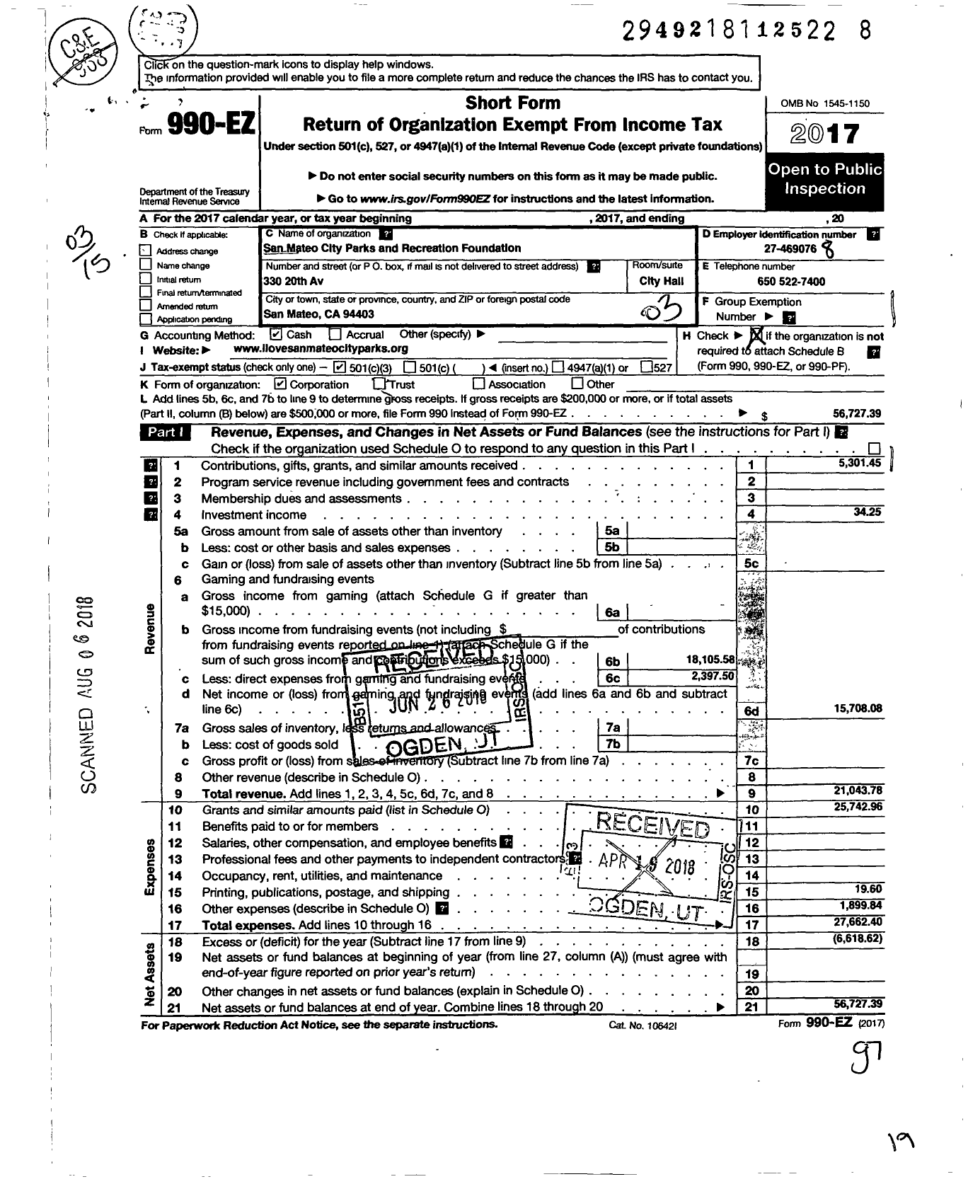 Image of first page of 2017 Form 990EZ for San Mateo City Parks and Recreation Foundation