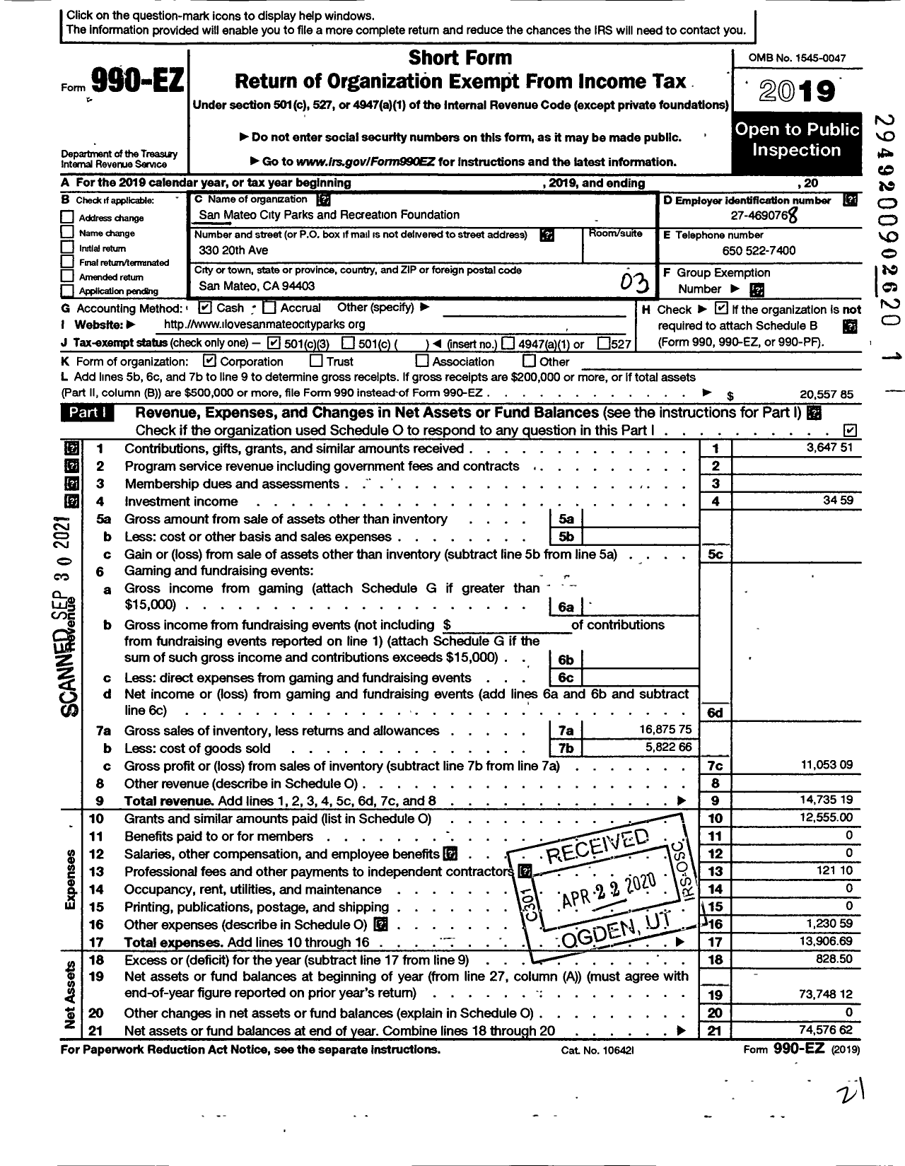 Image of first page of 2019 Form 990EZ for San Mateo City Parks and Recreation Foundation