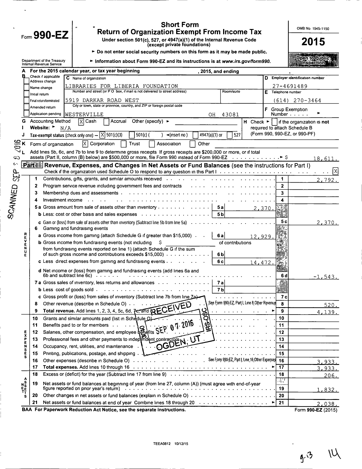 Image of first page of 2015 Form 990EZ for Libraries for Liberia Foundation