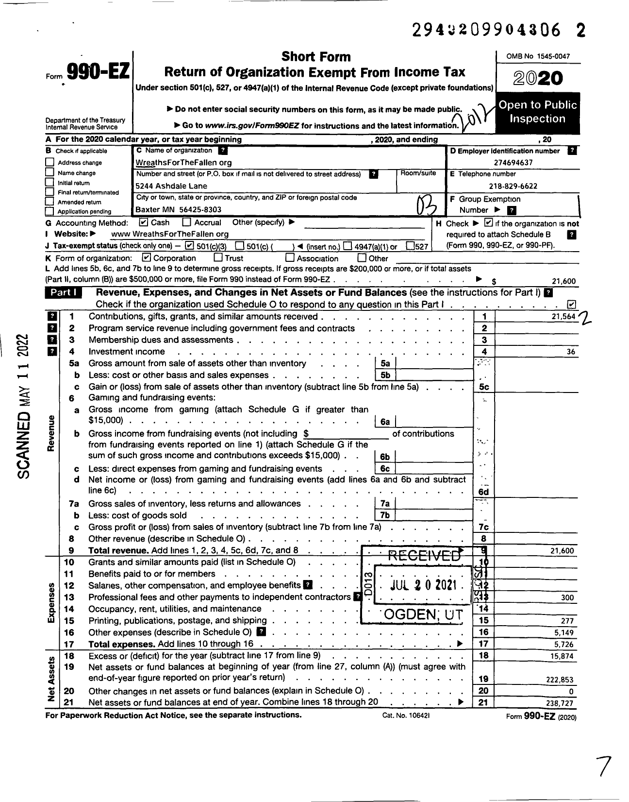 Image of first page of 2020 Form 990EZ for Wreathsforthefallen for the Fallen