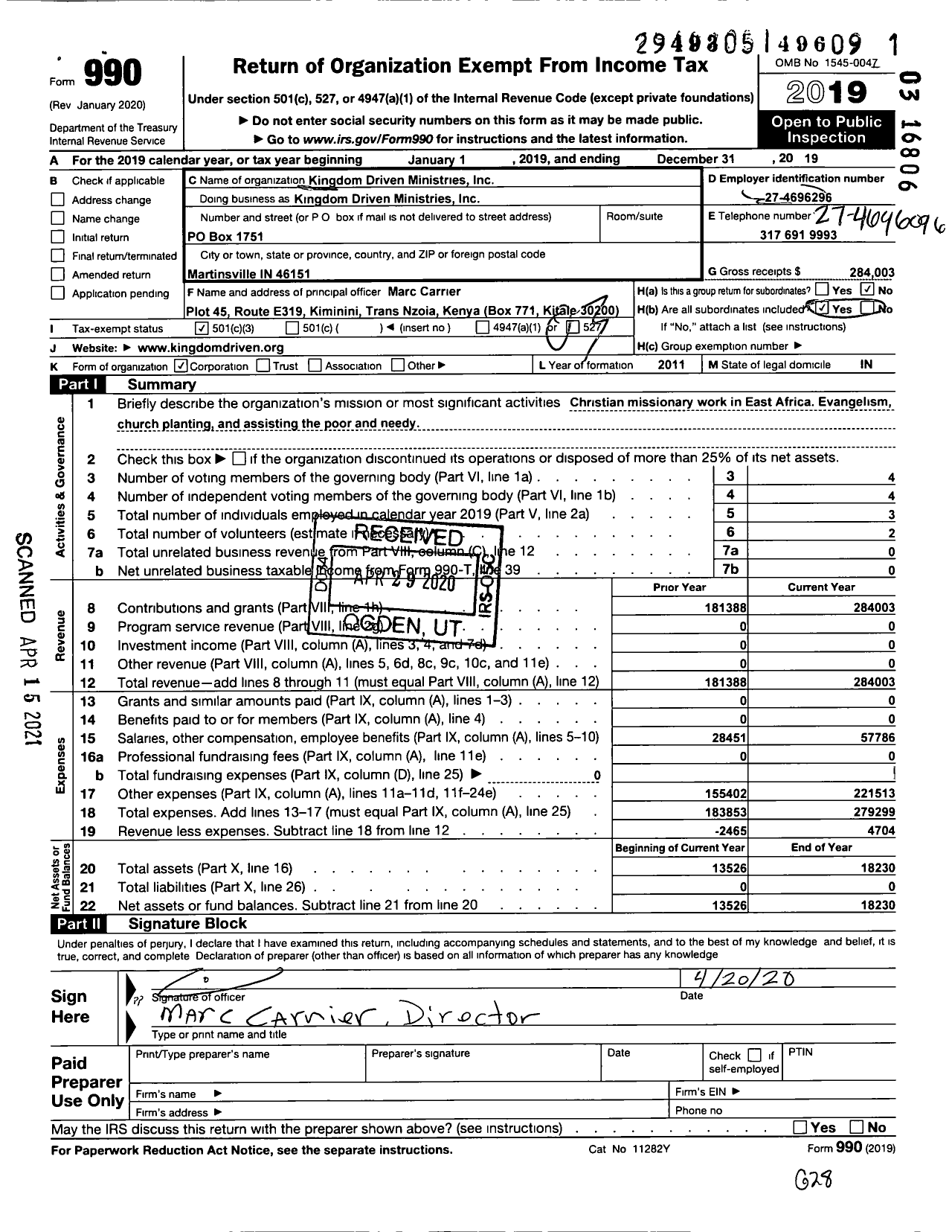 Image of first page of 2019 Form 990 for Kingdom Driven Ministries