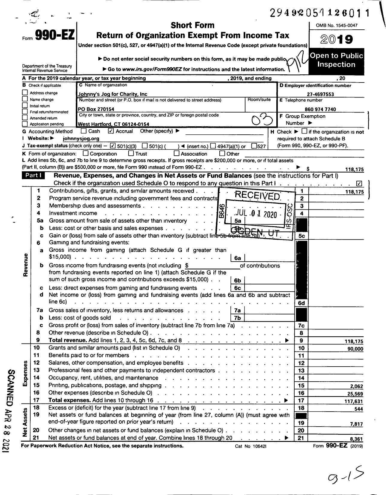 Image of first page of 2019 Form 990EZ for Johnnys Jog for Charity