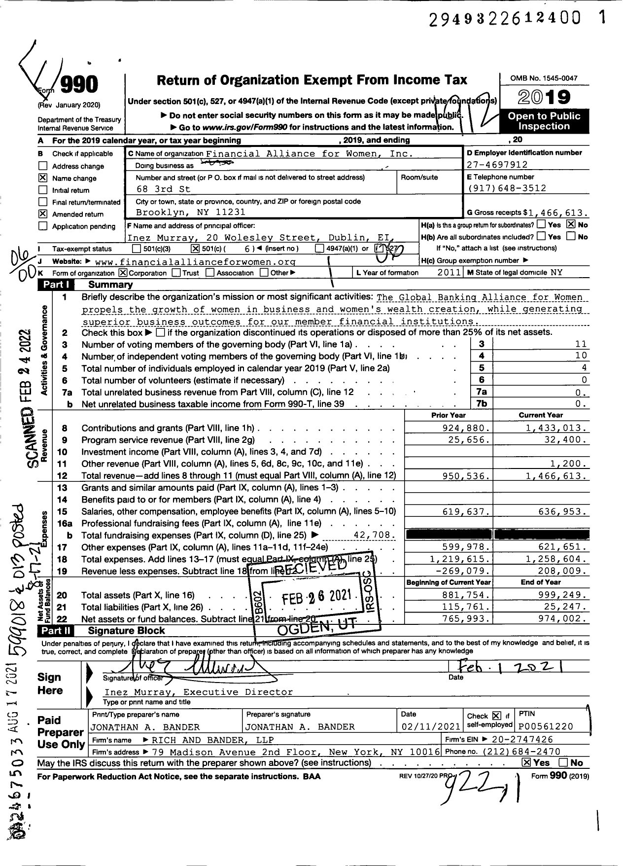 Image of first page of 2019 Form 990O for Financial Alliance for Women