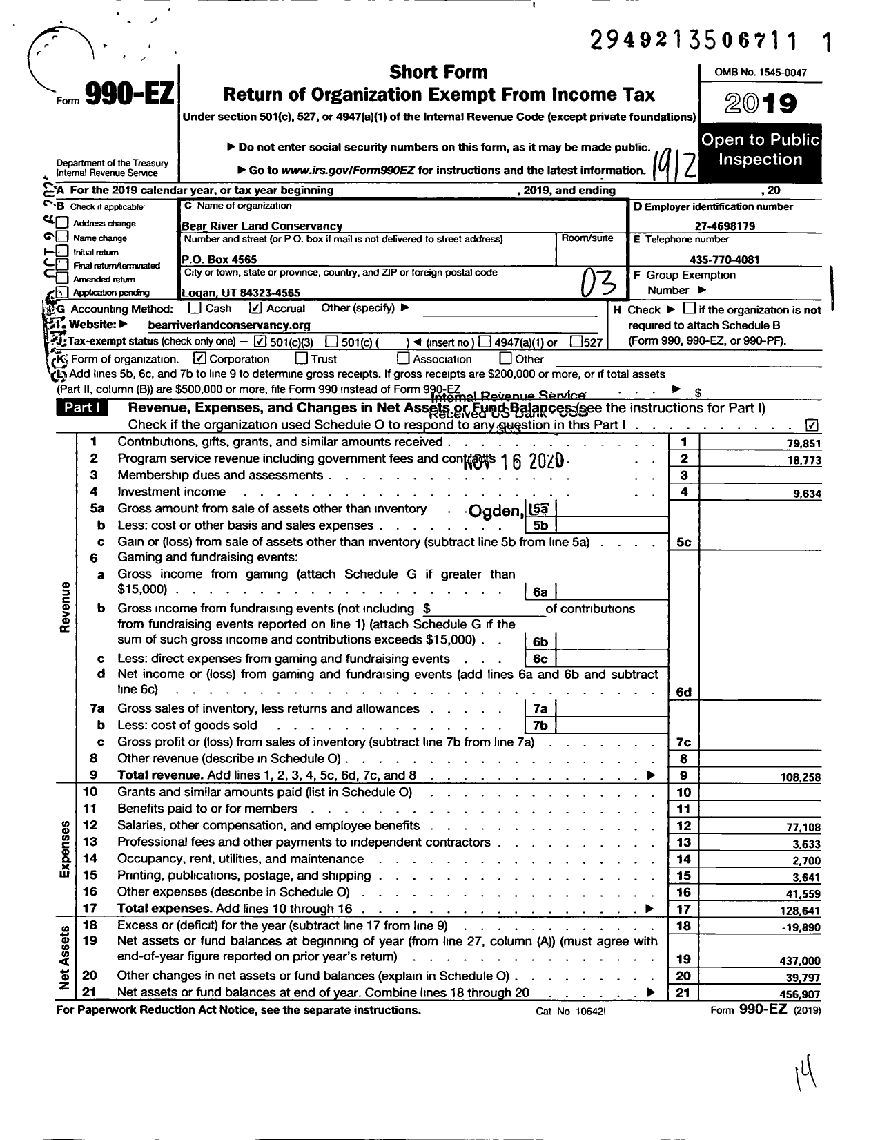 Image of first page of 2019 Form 990EZ for Bear River Land Conservancy