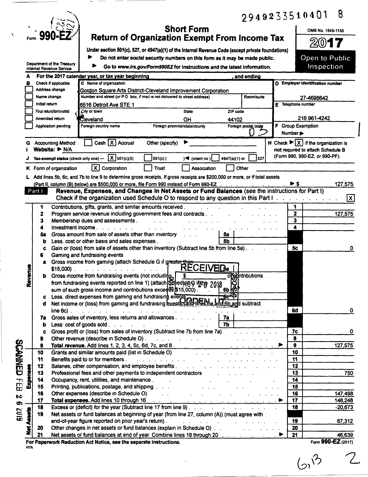 Image of first page of 2017 Form 990EZ for Gordon Square Arts District- Cleveland Improvement Corporation