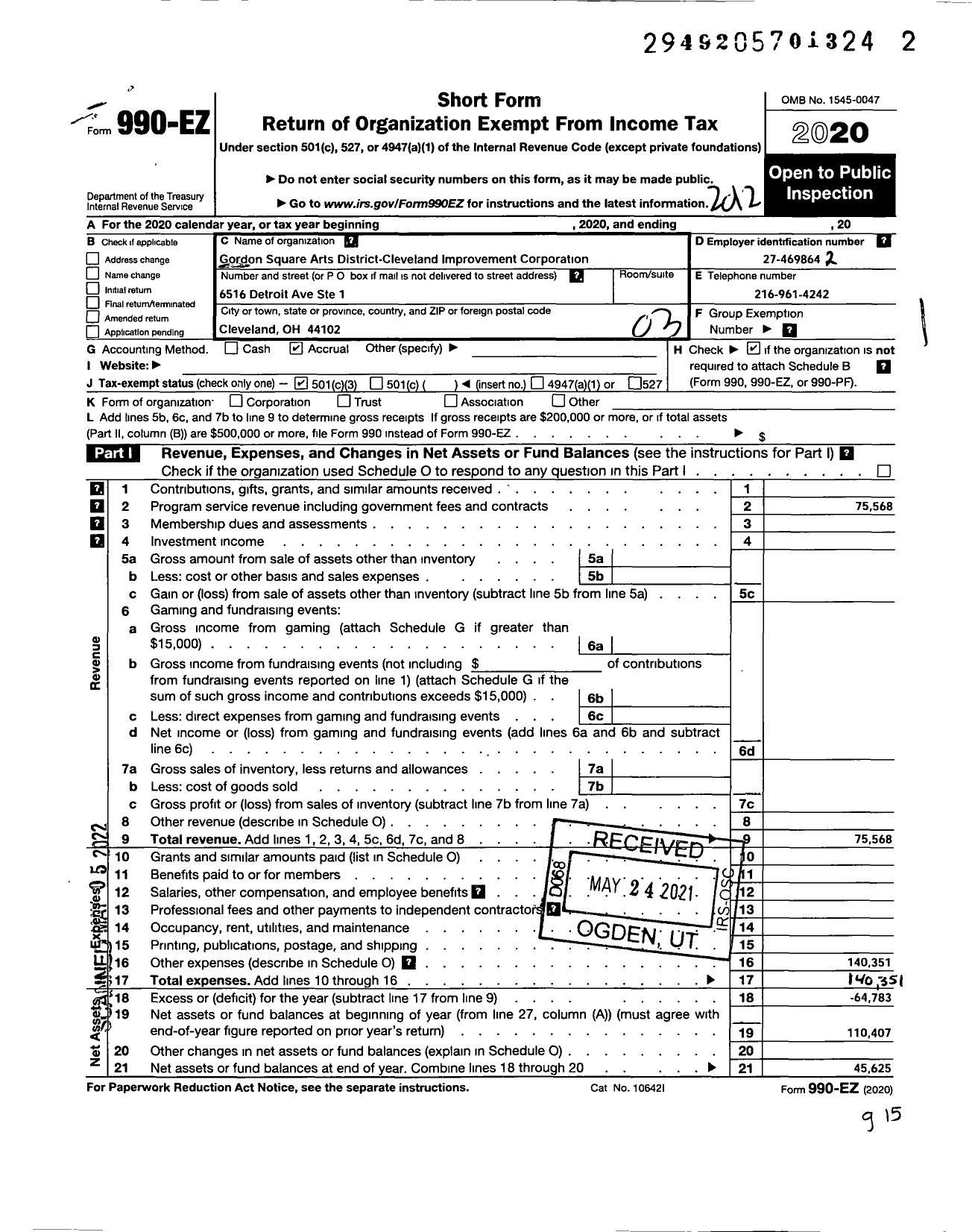 Image of first page of 2020 Form 990EZ for Gordon Square Arts District - Cleveland Improvement Corporation