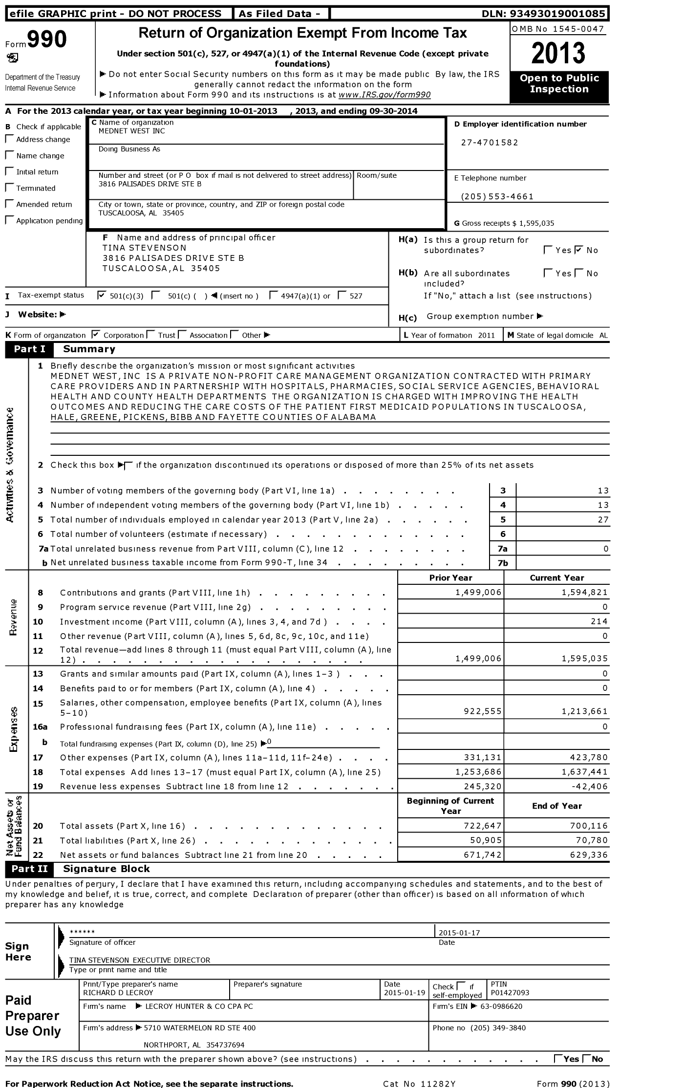 Image of first page of 2013 Form 990 for Mednet West