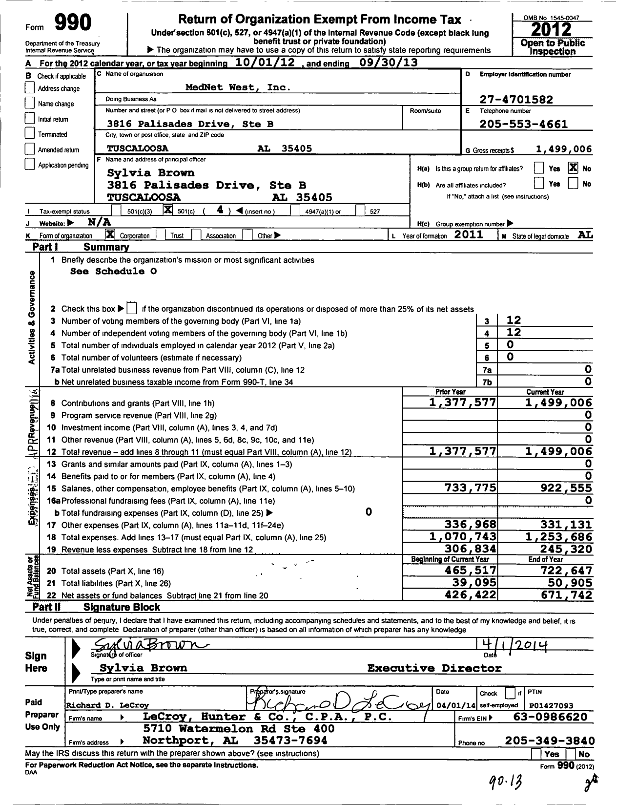 Image of first page of 2012 Form 990O for Mednet West