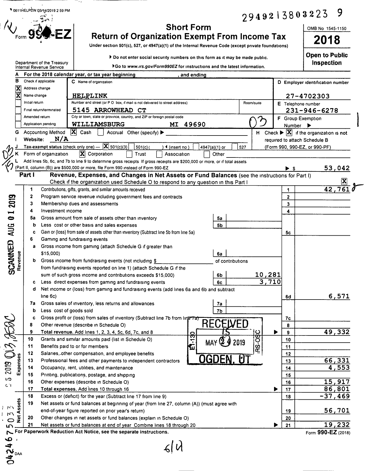 Image of first page of 2018 Form 990EZ for Family Partnership Grand Traverse