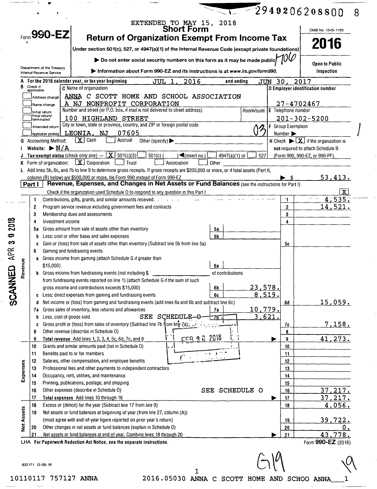 Image of first page of 2016 Form 990EZ for Anna C Scott Home and School Association A NJ Nonprofit Corporation