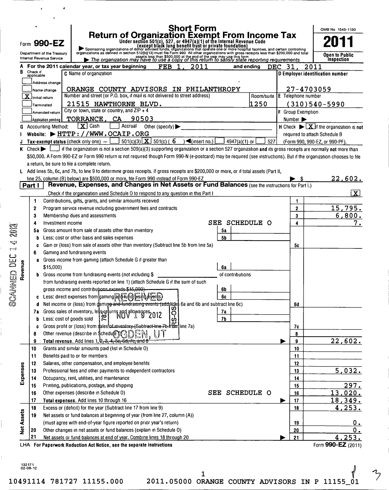 Image of first page of 2011 Form 990EO for Orange County Advisors in Philanthropy