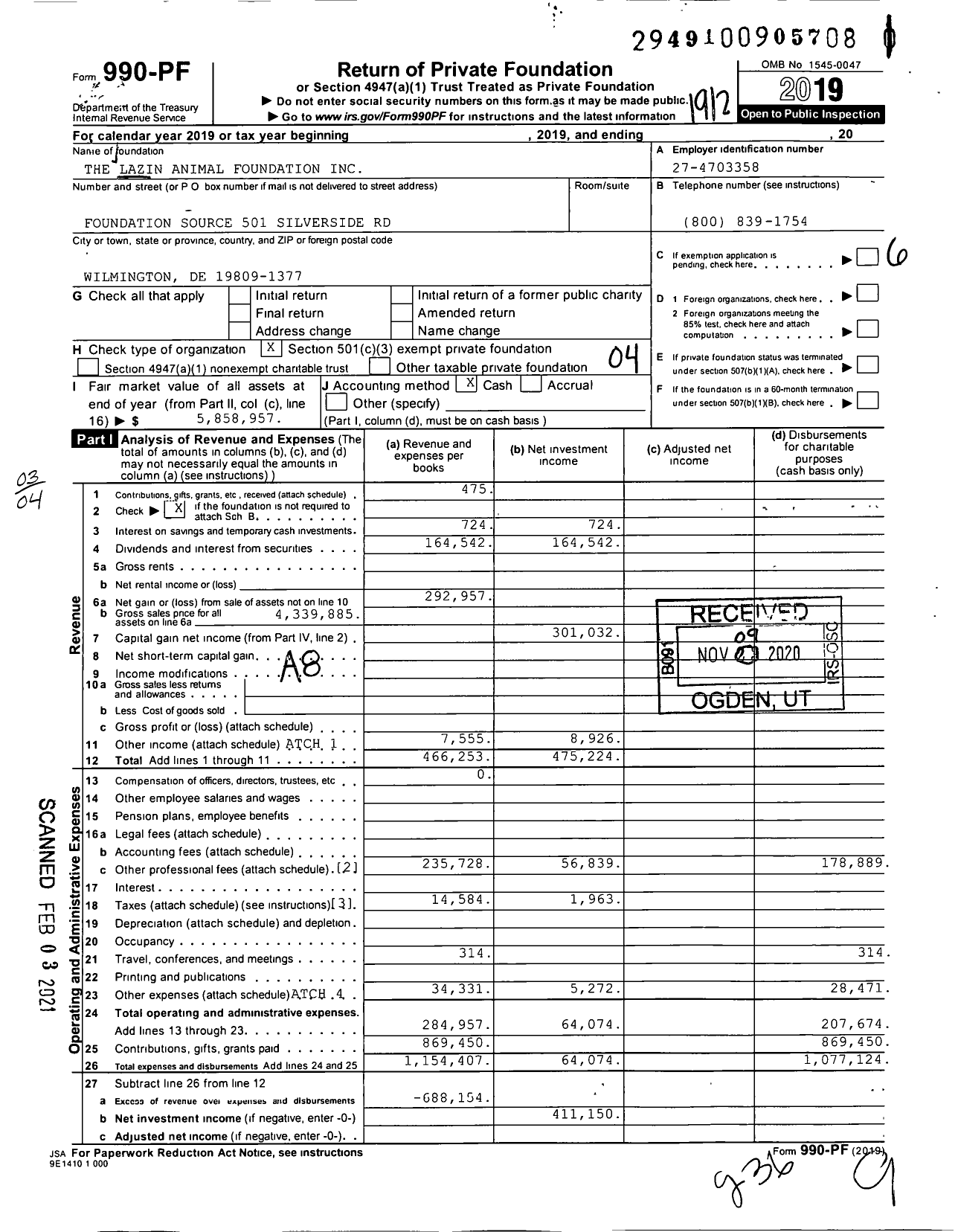 Image of first page of 2019 Form 990PF for The Lazin Animal Foundation